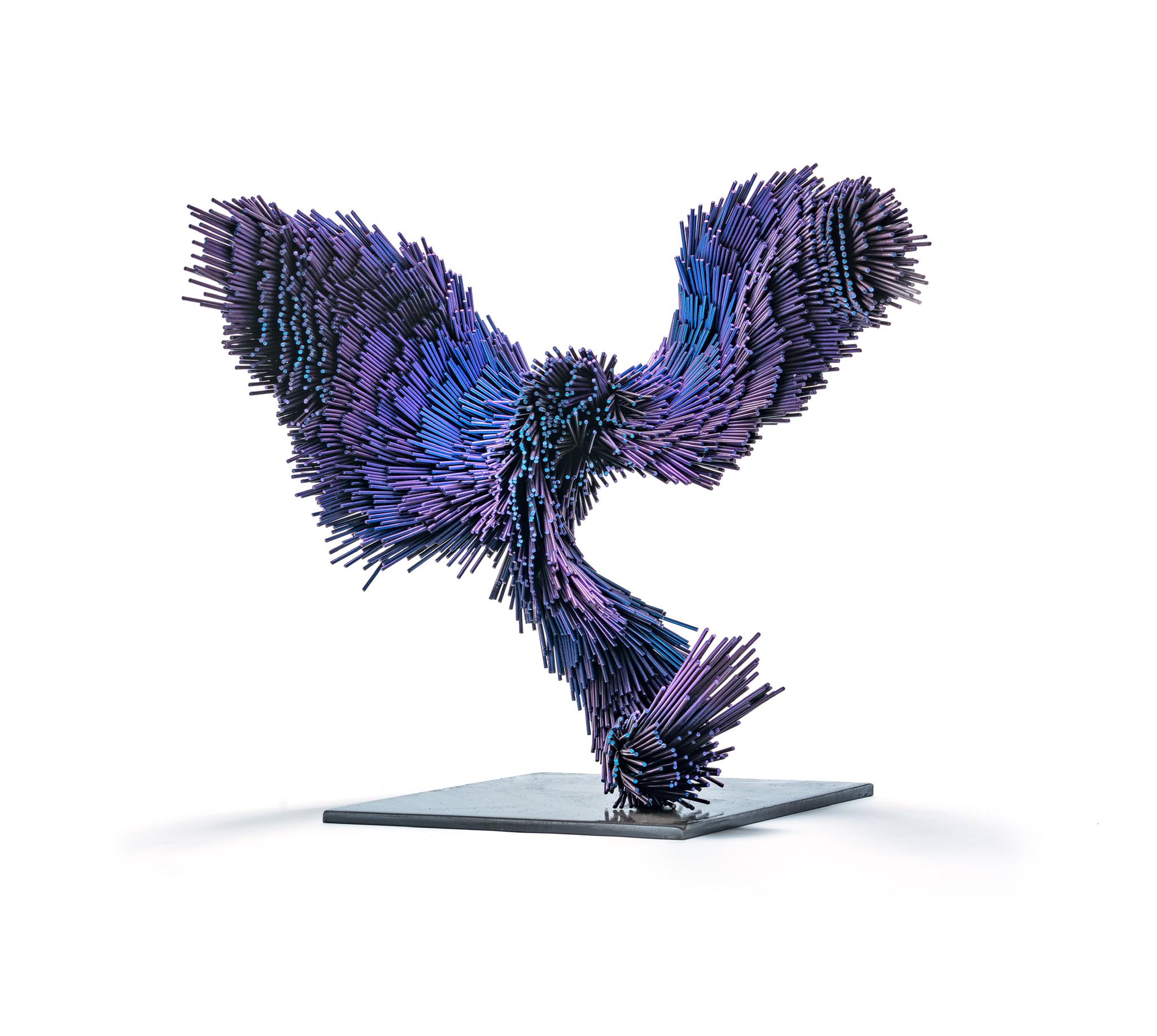 Indigo Murmur, Steel contemporary bird sculpture in purple - Contemporary Sculpture by Jake Michael Singer