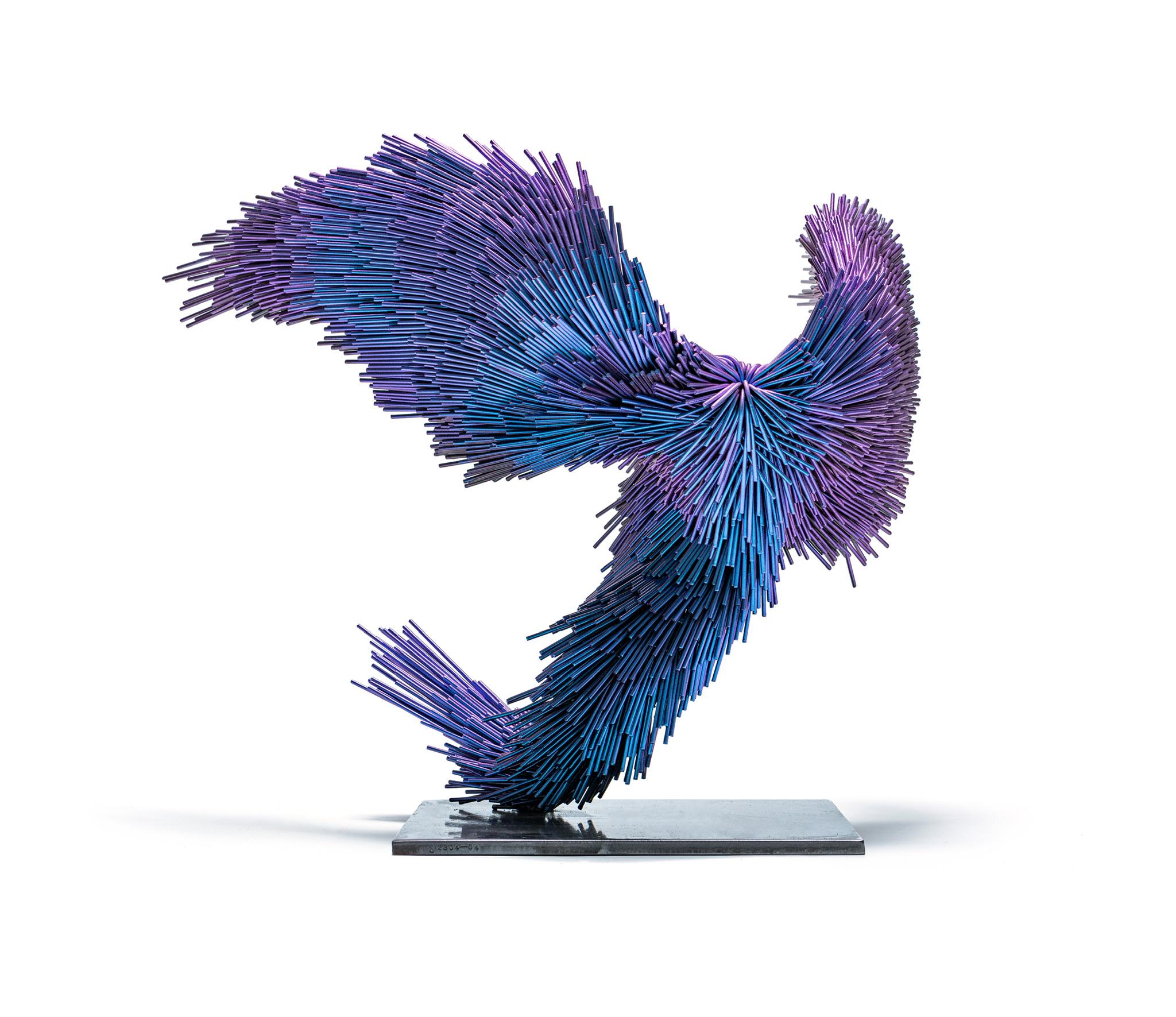 Indigo Murmur, Steel contemporary bird sculpture in purple