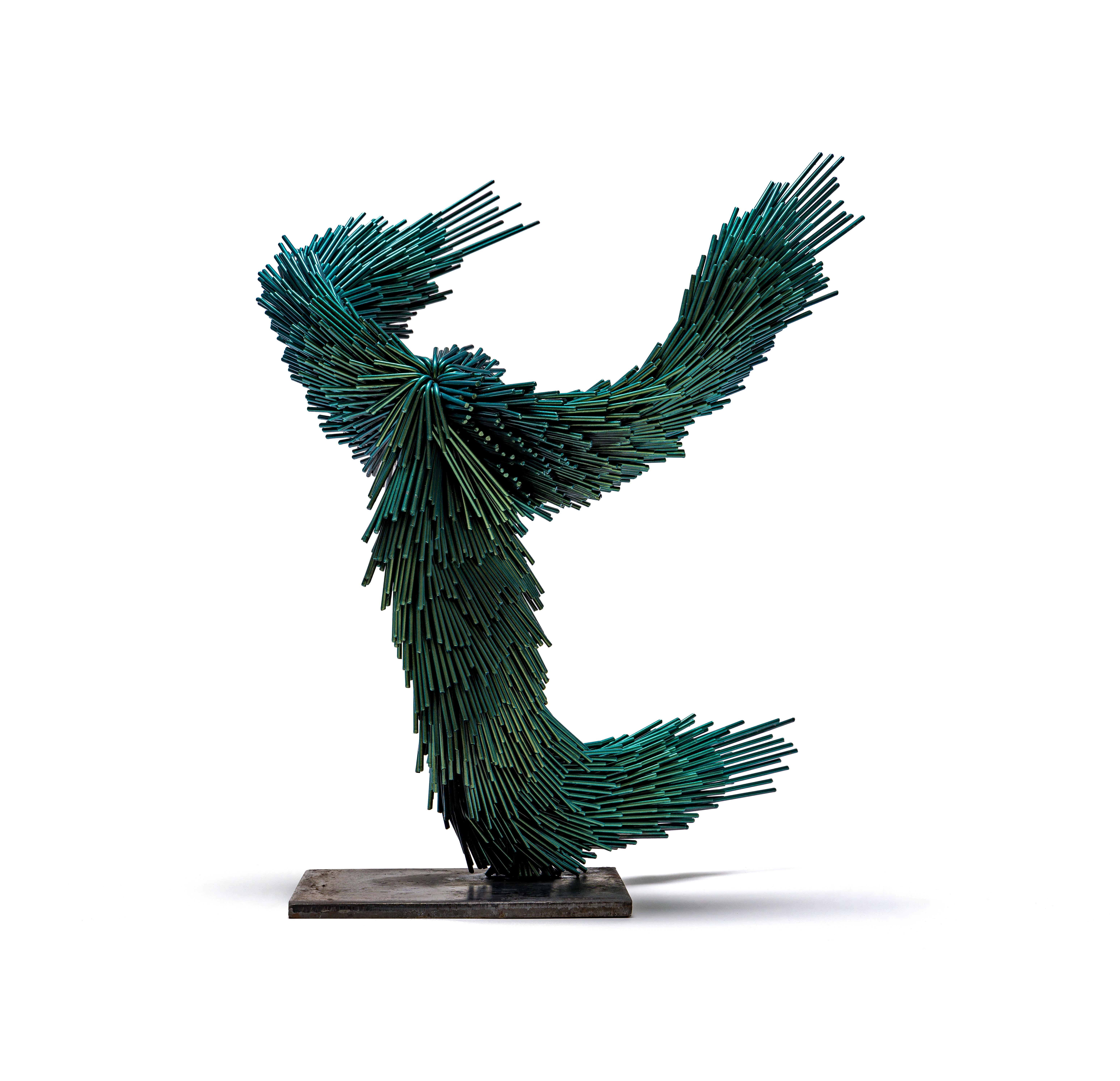 Emerald Murmur, Steel contemporary bird sculpture in green - Sculpture by Jake Michael Singer
