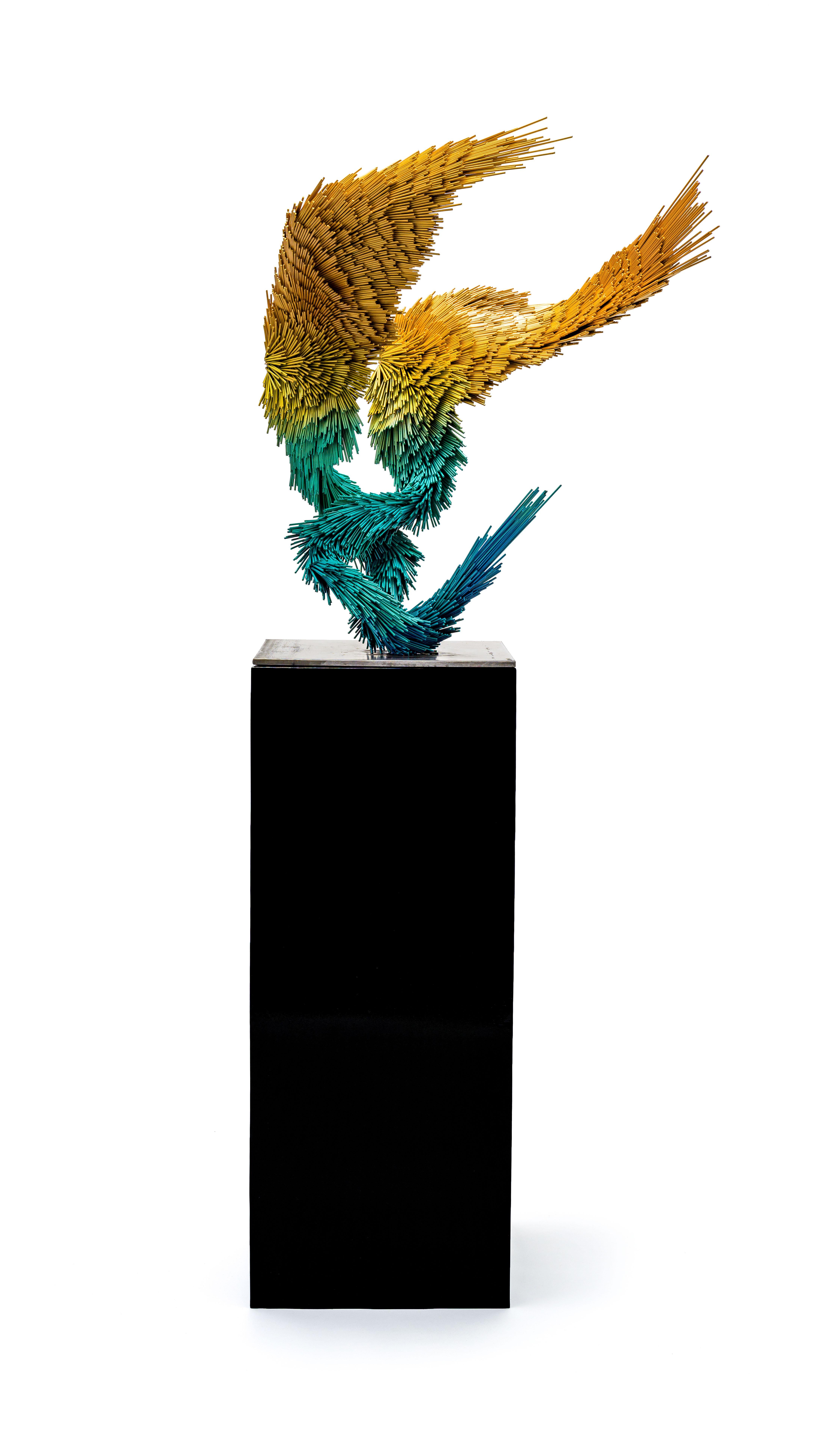 Fleeting Murmur, Steel contemporary bird sculpture in yellow, green and blue - Contemporary Sculpture by Jake Michael Singer