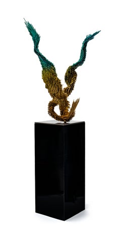 Gleaming Murmur, Steel contemporary bird sculpture in yellow and green