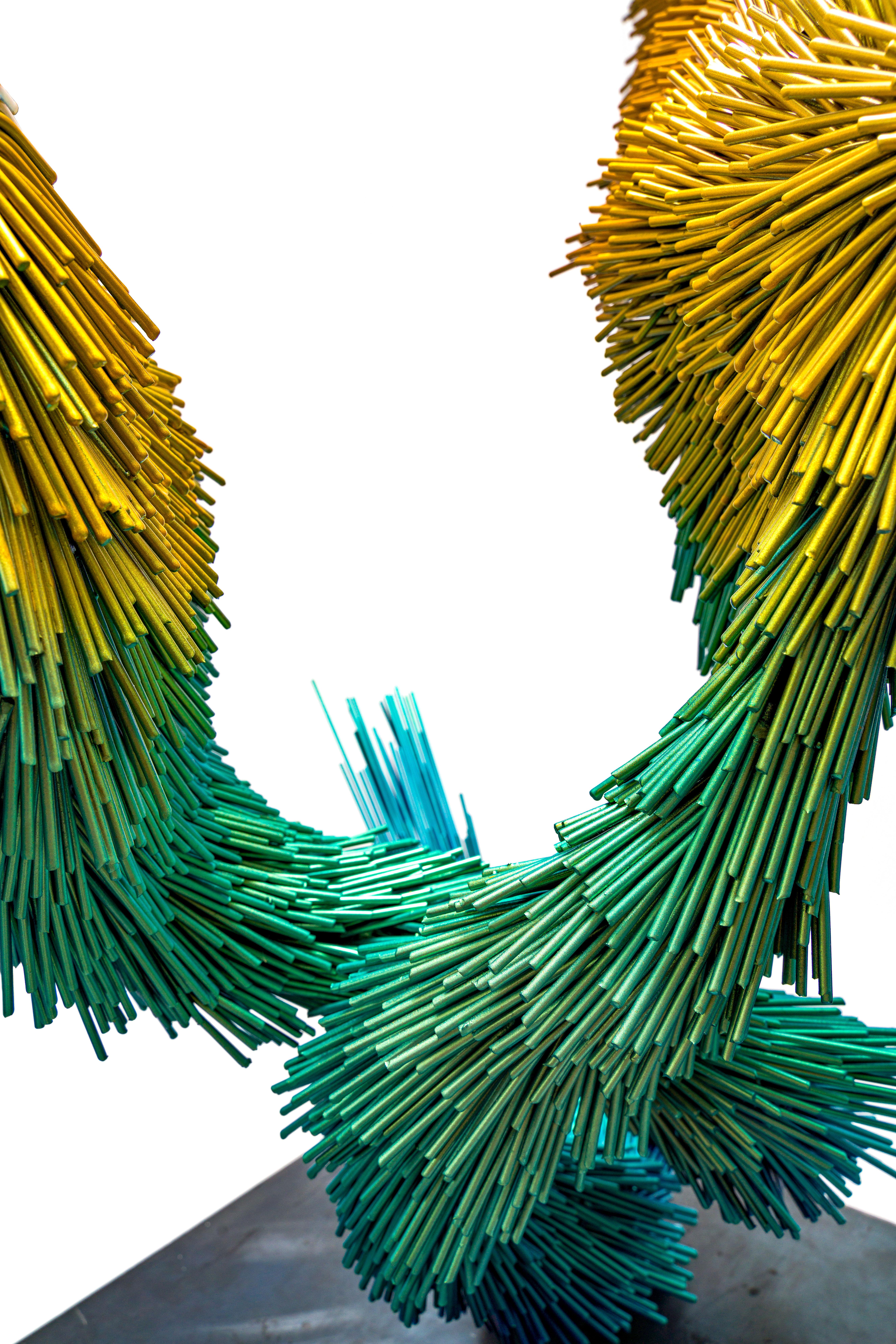 Fleeting Murmur, Steel contemporary bird sculpture in yellow, green and blue For Sale 2