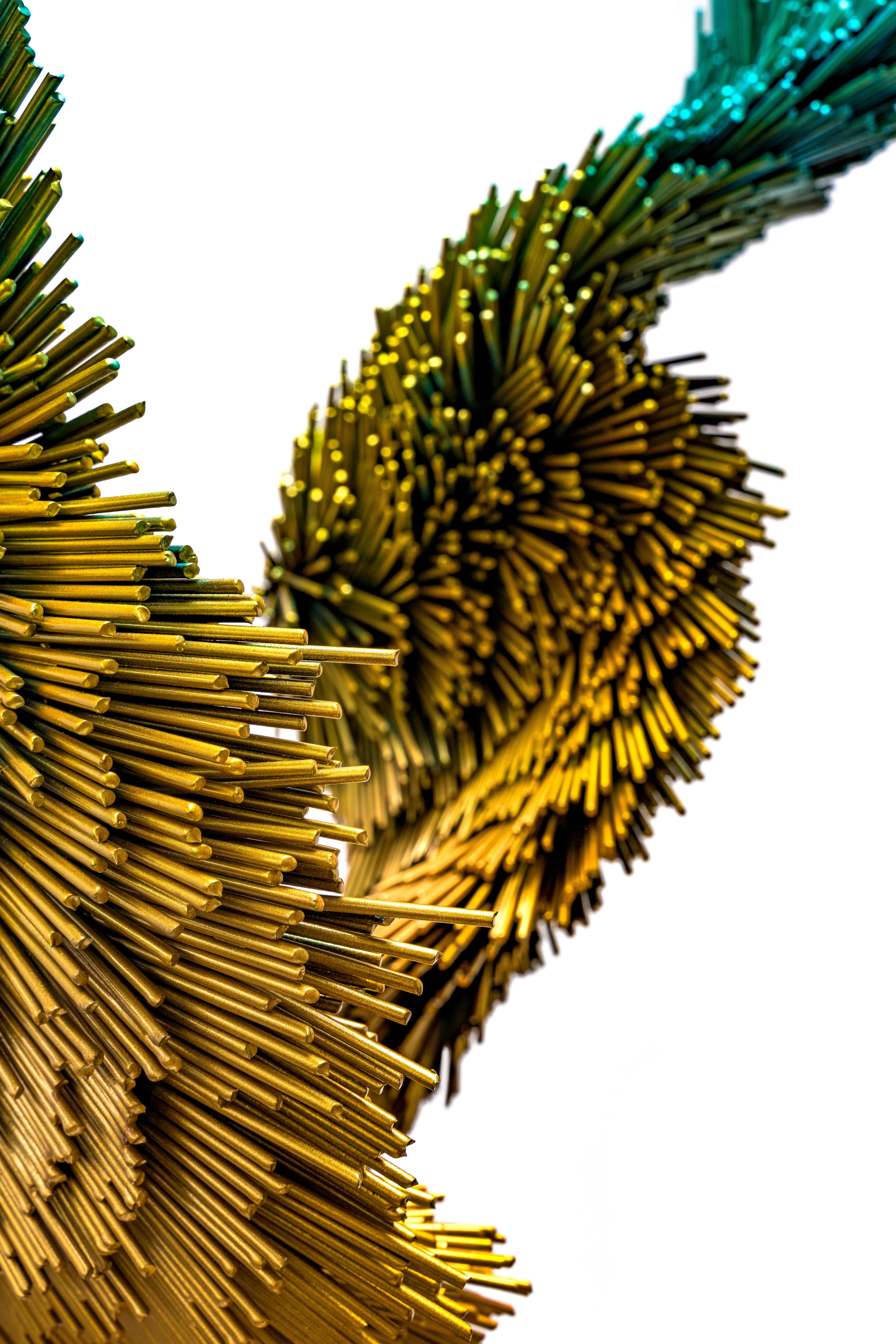 Gleaming Murmur, Steel contemporary bird sculpture in yellow and green - Contemporary Sculpture by Jake Michael Singer