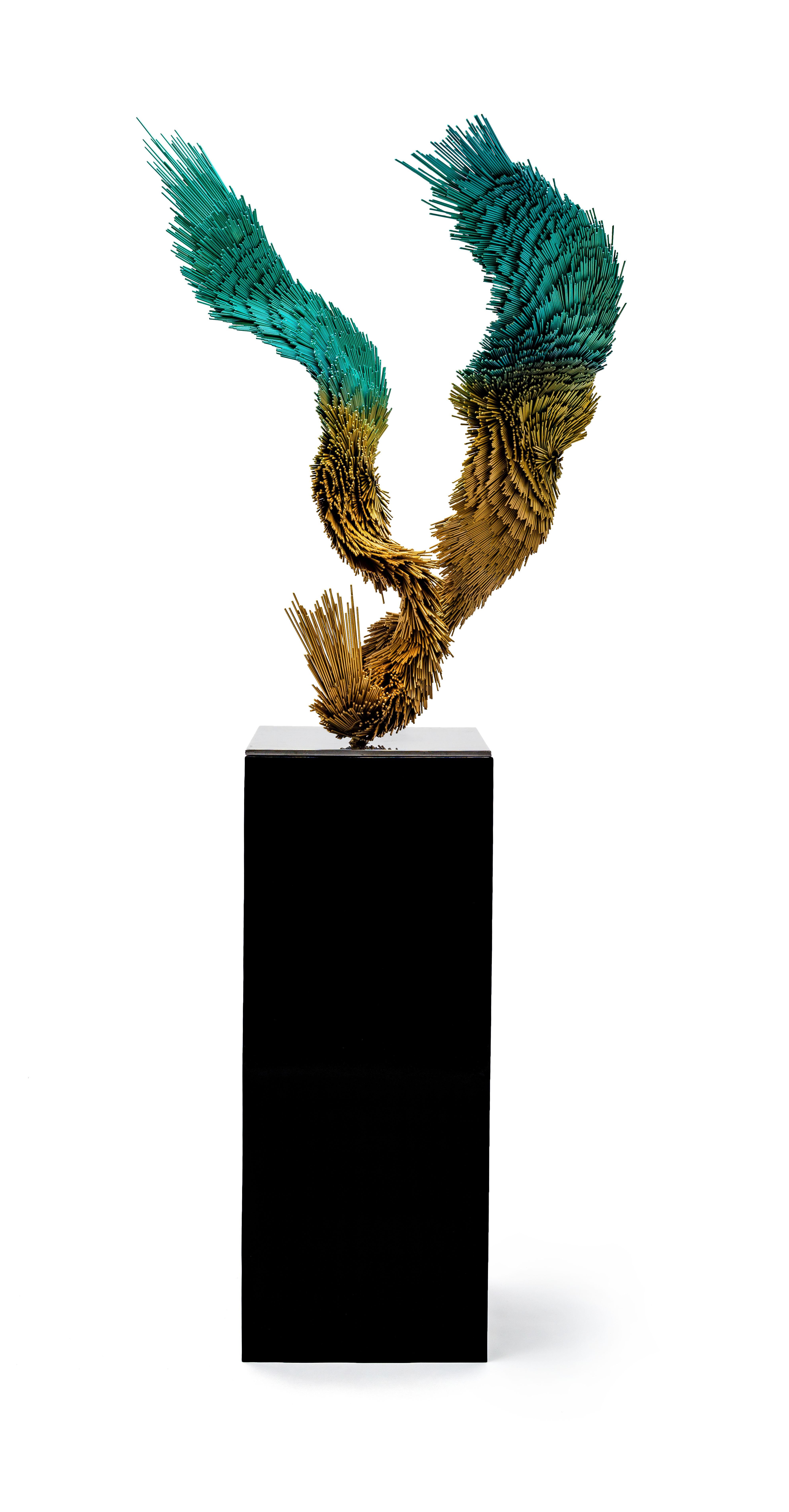 Gleaming Murmur, Steel contemporary bird sculpture in yellow and green - Sculpture by Jake Michael Singer