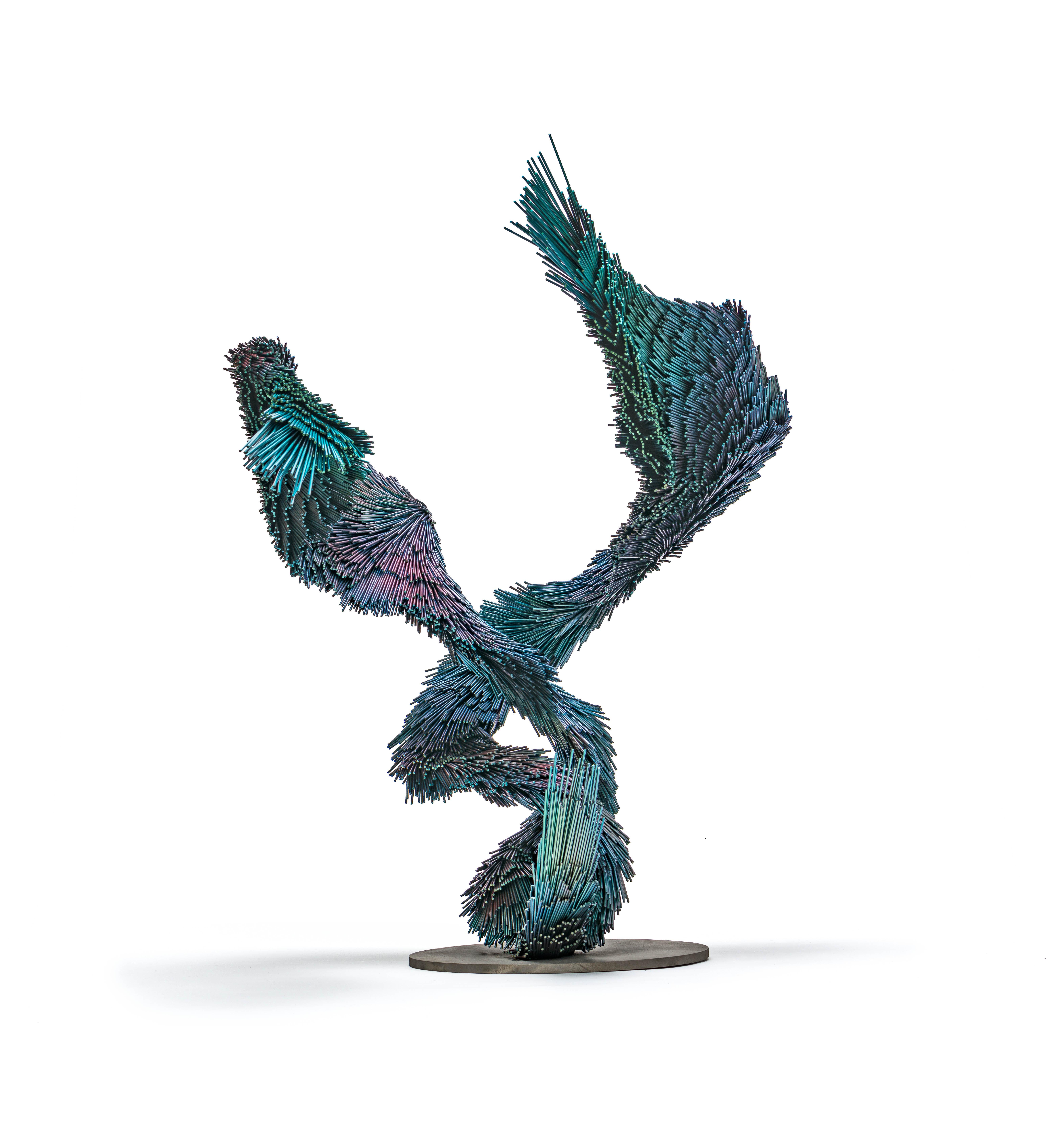 Midnight Murmur, Steel contemporary bird sculpture in midnight blue colour - Sculpture by Jake Michael Singer