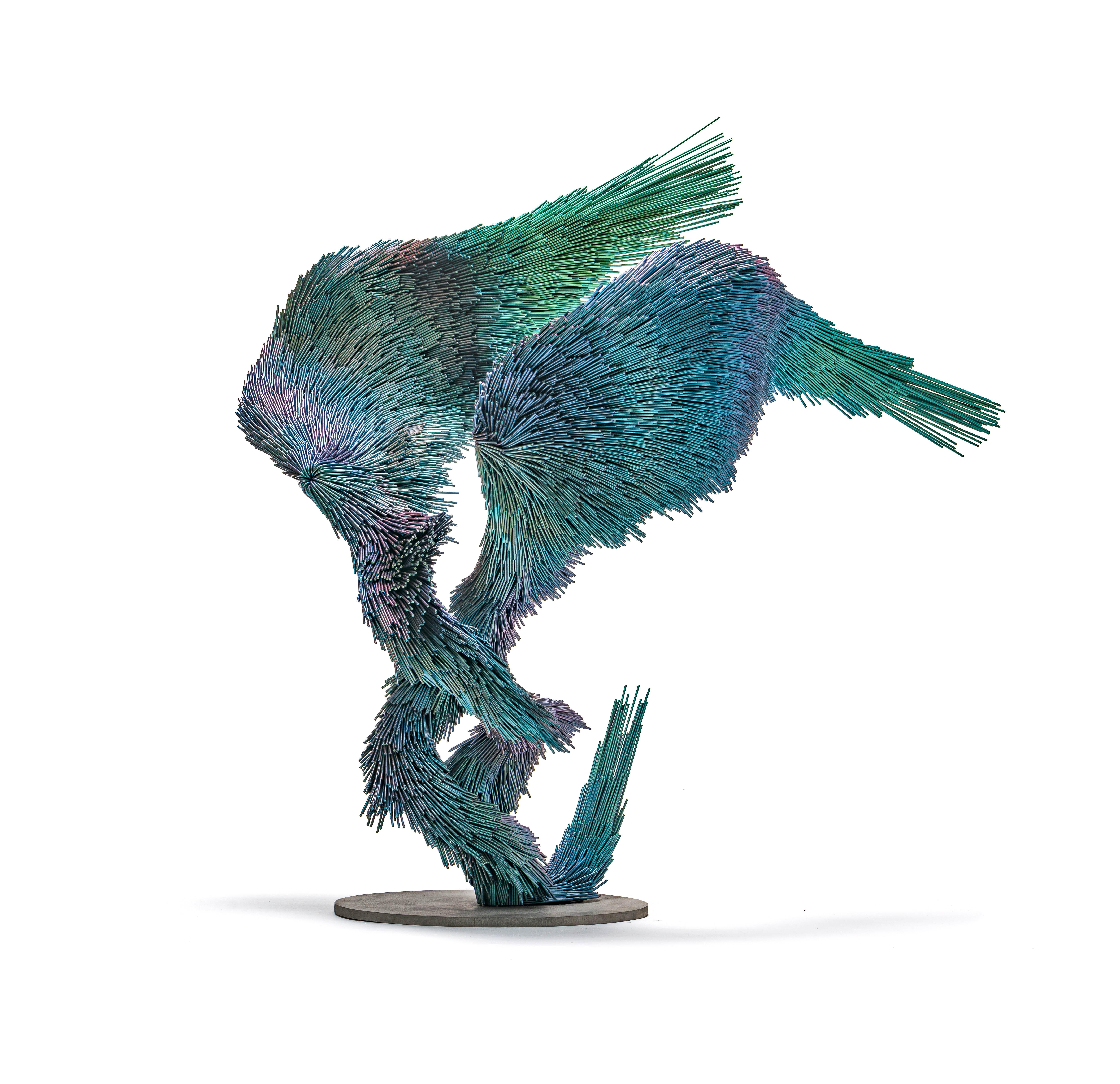 Midnight Murmur, Steel contemporary bird sculpture in midnight blue colour - Modern Sculpture by Jake Michael Singer