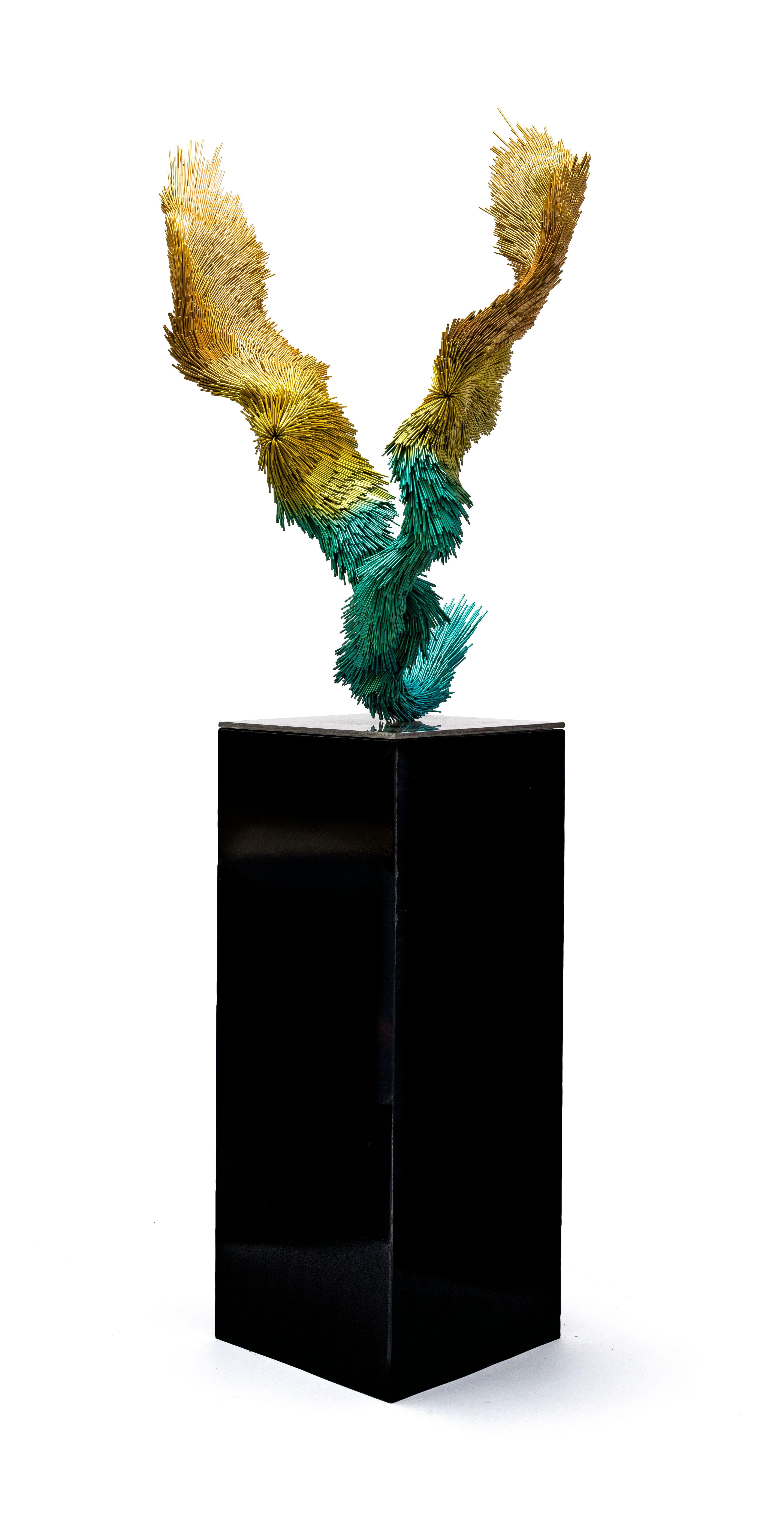 Electrum Murmur, Steel contemporary bird sculpture in yellow and green - Contemporary Sculpture by Jake Michael Singer