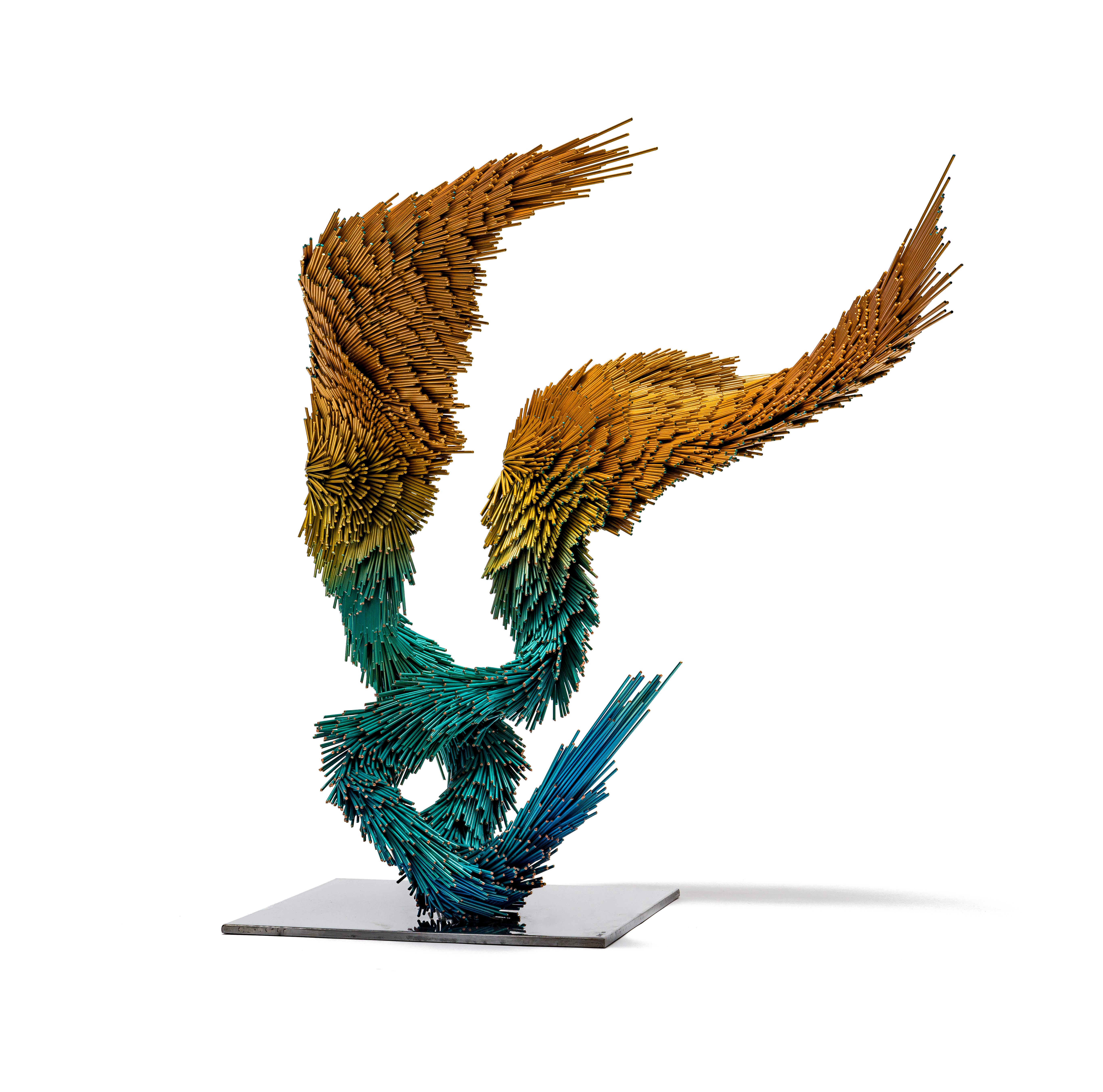 Fleeting Murmur, Steel contemporary bird sculpture in yellow, green and blue - Sculpture by Jake Michael Singer