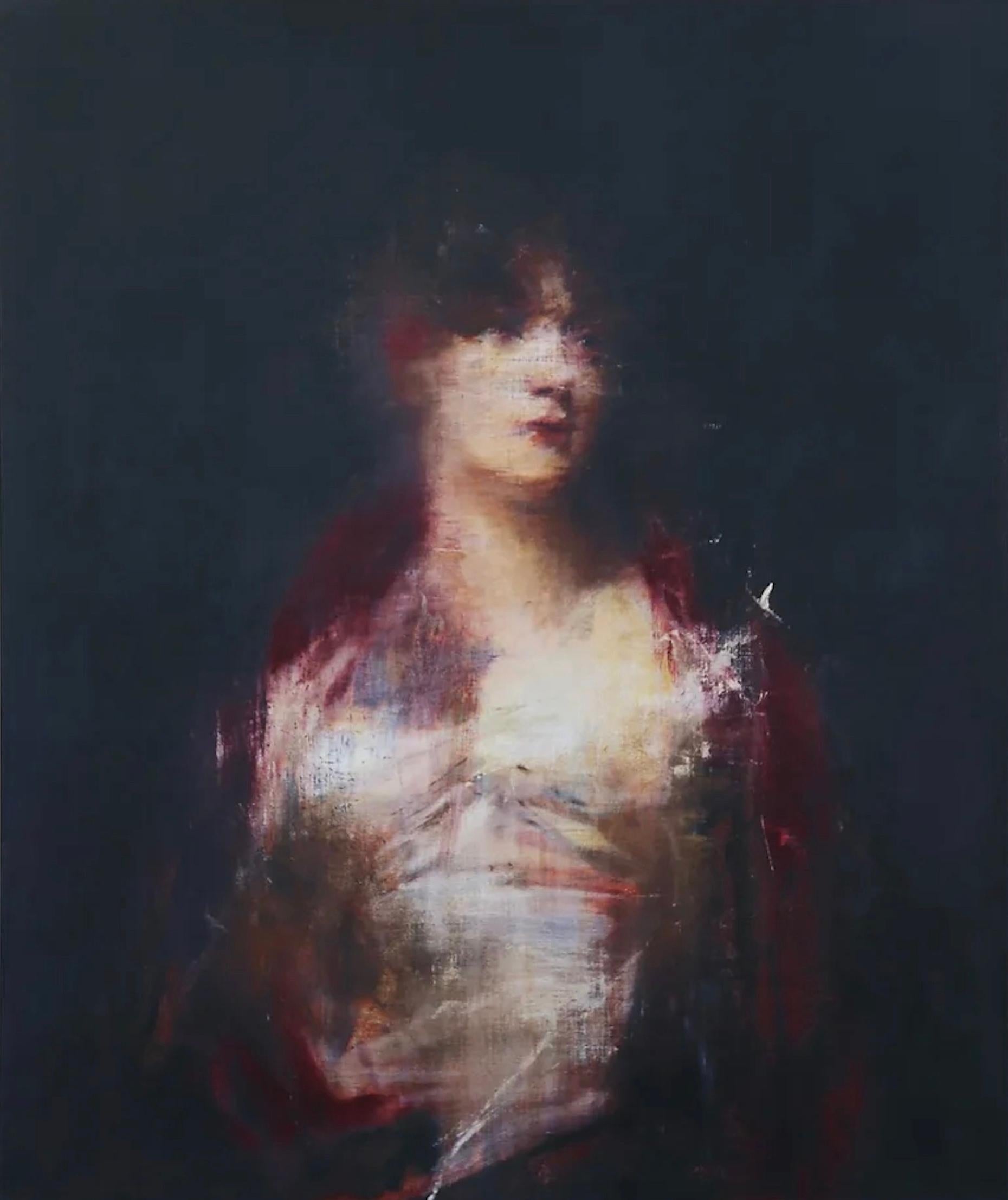 Porträt einer Frau in Rot – Print von Jake Wood-Evans