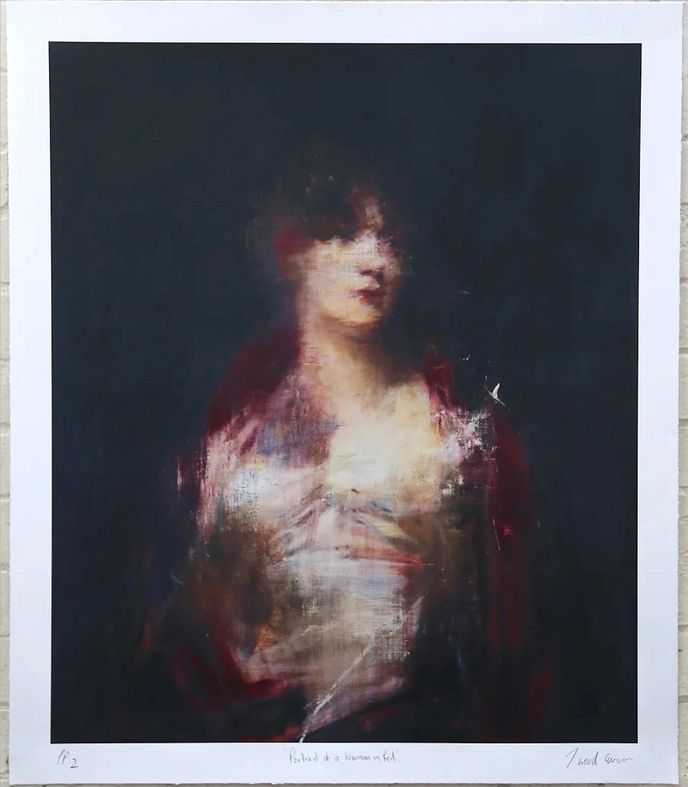 Jake Wood-Evans Figurative Print – Porträt einer Frau in Rot