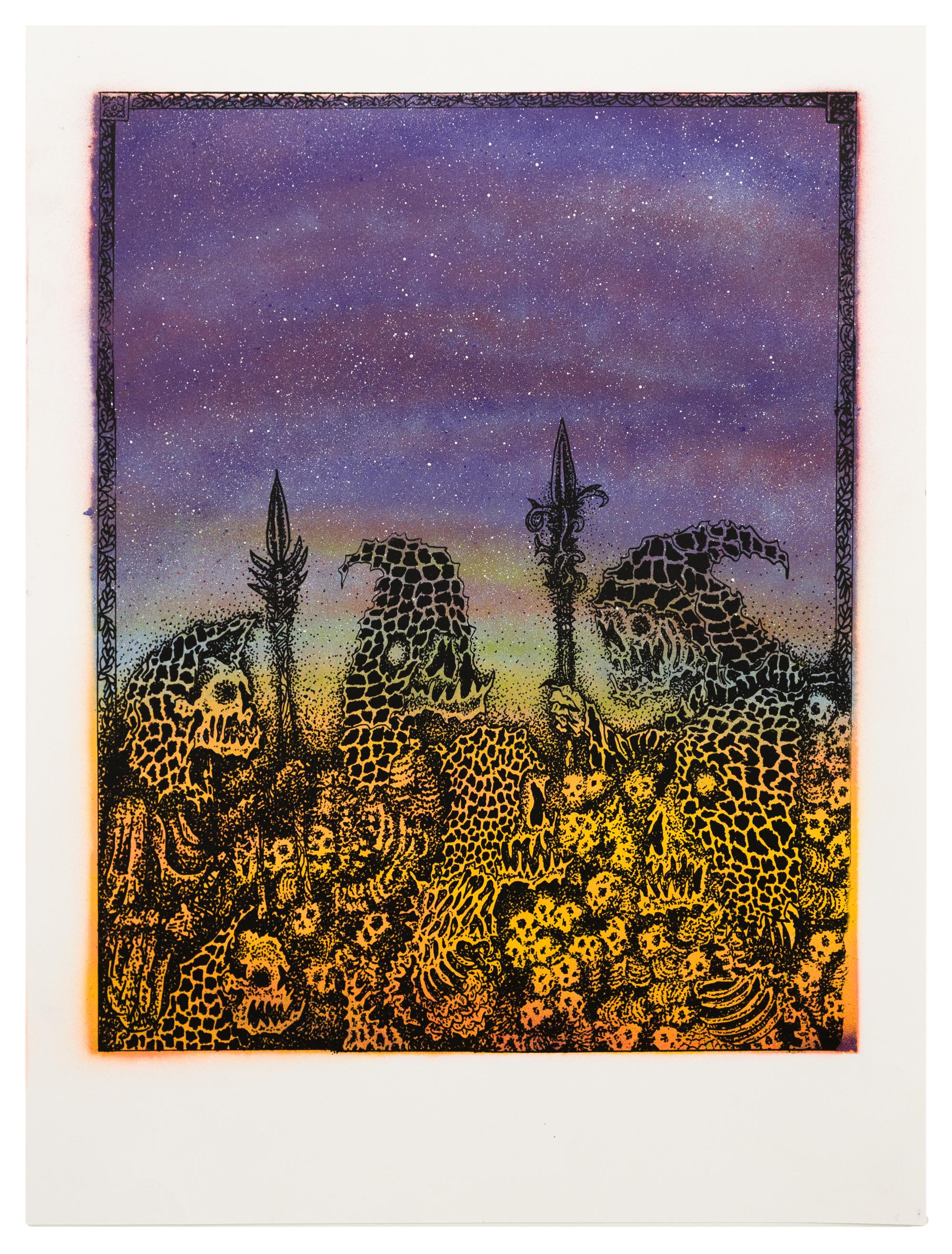 „Jake Yeager Untitled 10“ Aerosol und Siebdruck, Schädel und Tiere