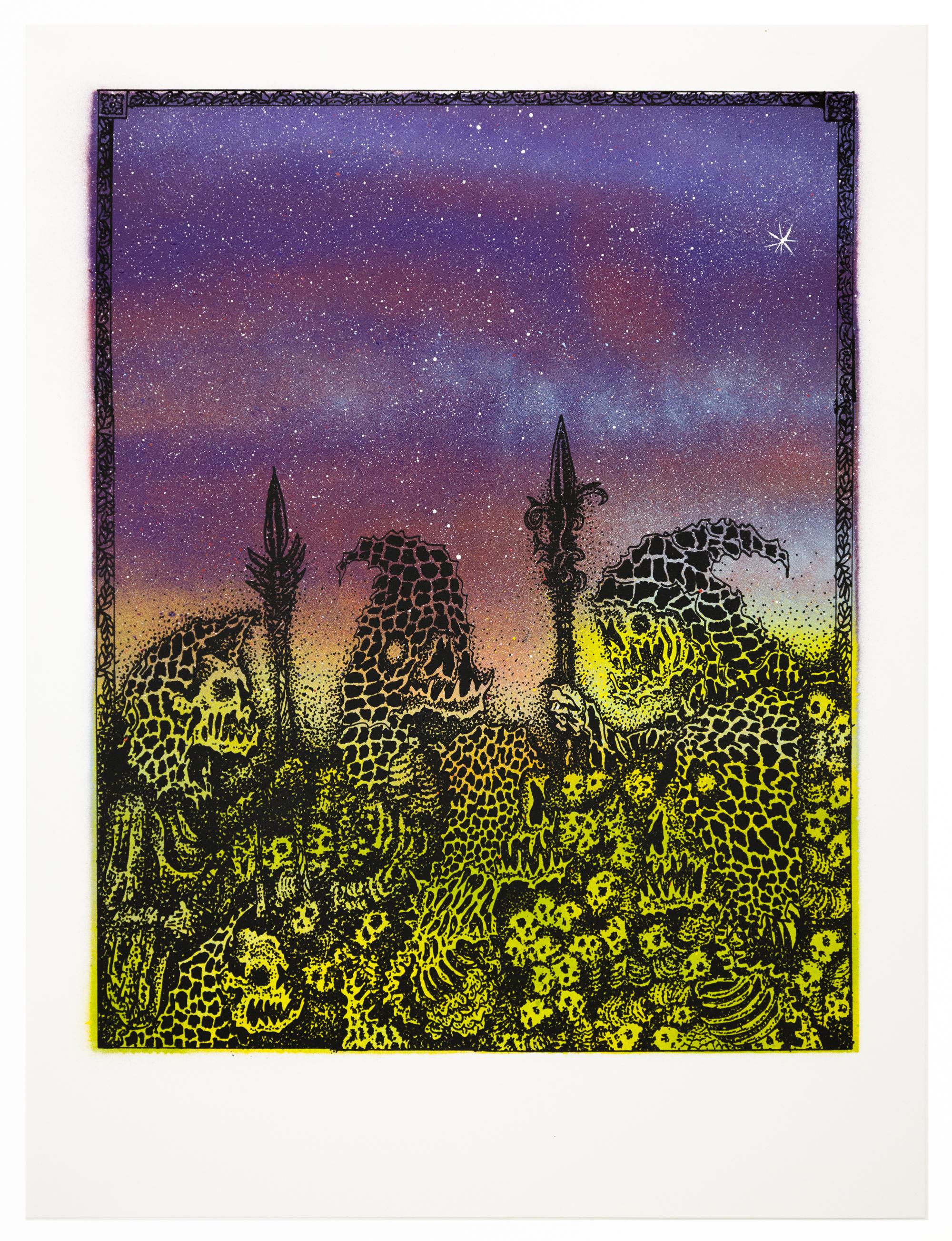 „Jake Yeager Untitled 12“ Aerosol und Siebdruck, Schädel und Tierwelt