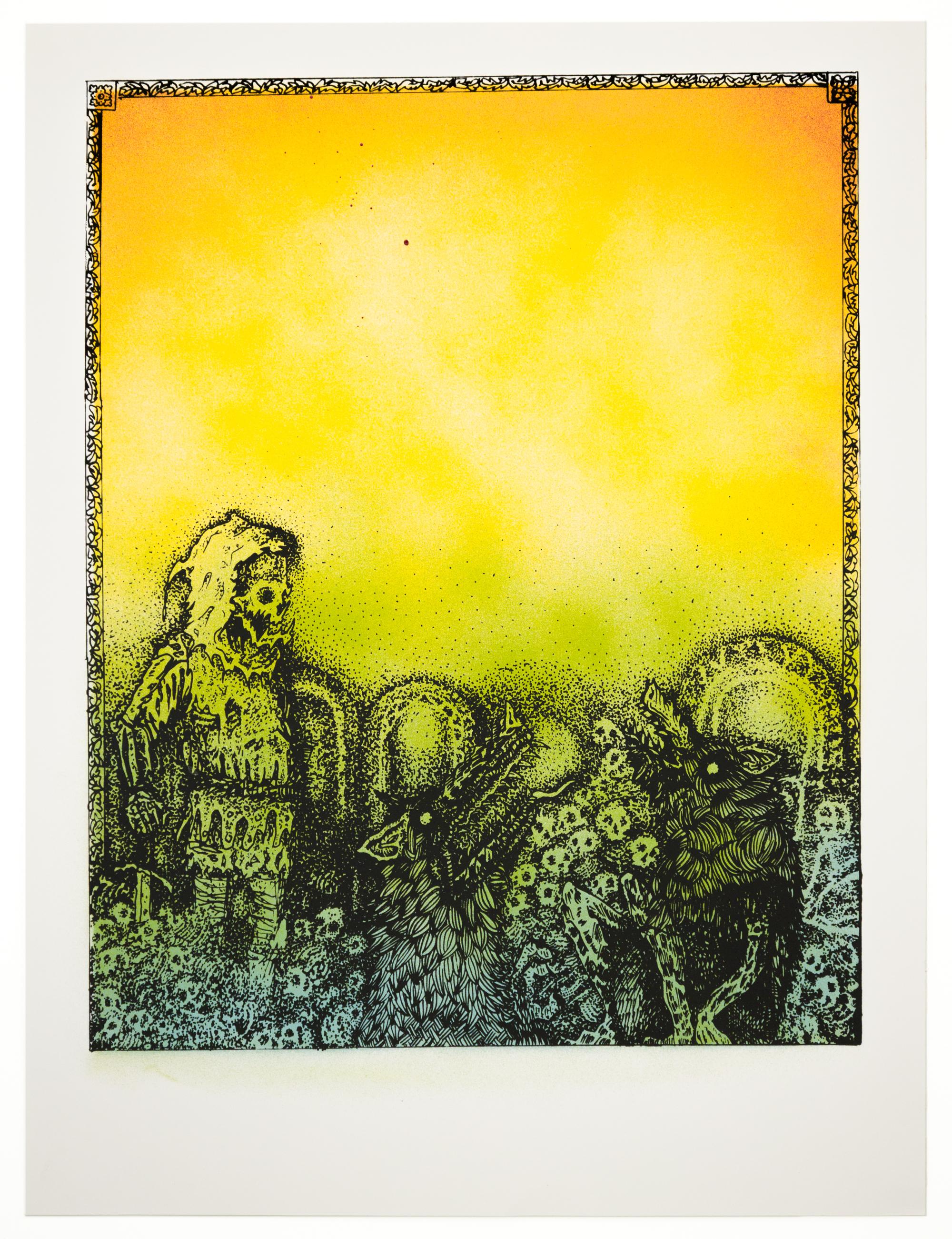 „Jake Yeager Untitled 3“ Aerosol und Siebdruck, Schädel und Tiermotive