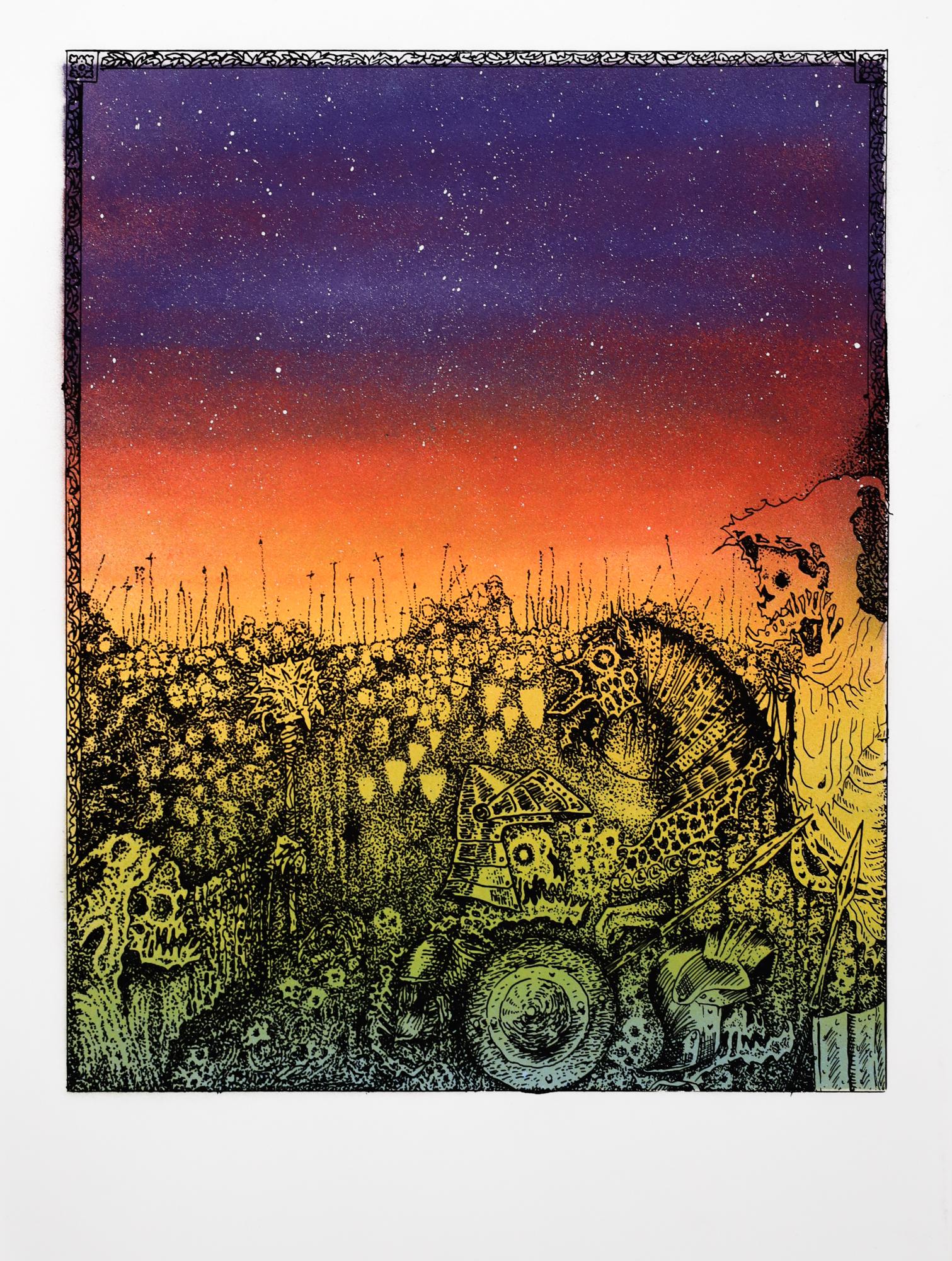 „Jake Yeager Untitled 4“ Aerosol, Siebdruck, Monodruck, Schädel, Tierwelt