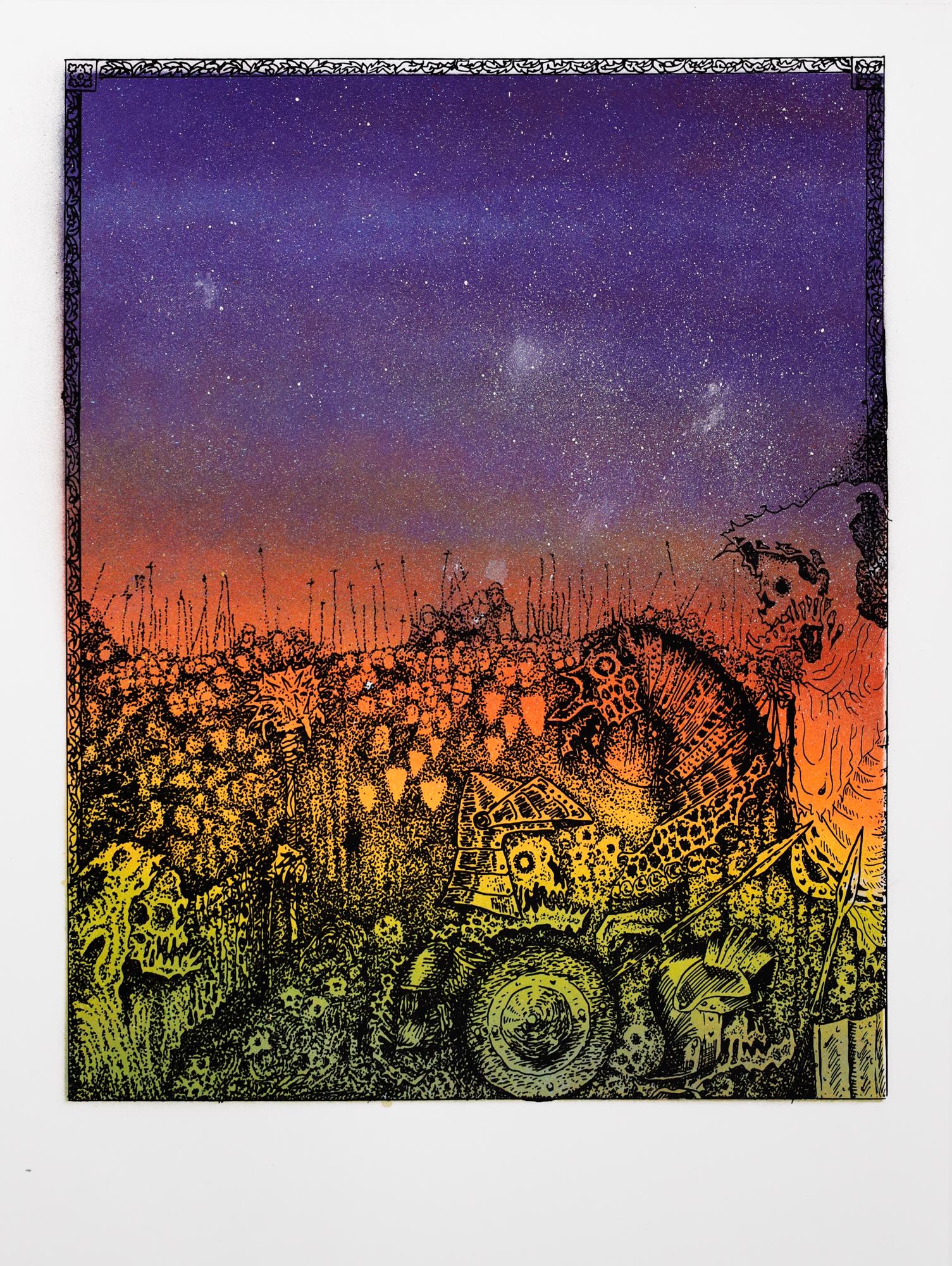 "Jake Yeager Untitled 5" aerosol, screen printed monoprint, skull, animalia