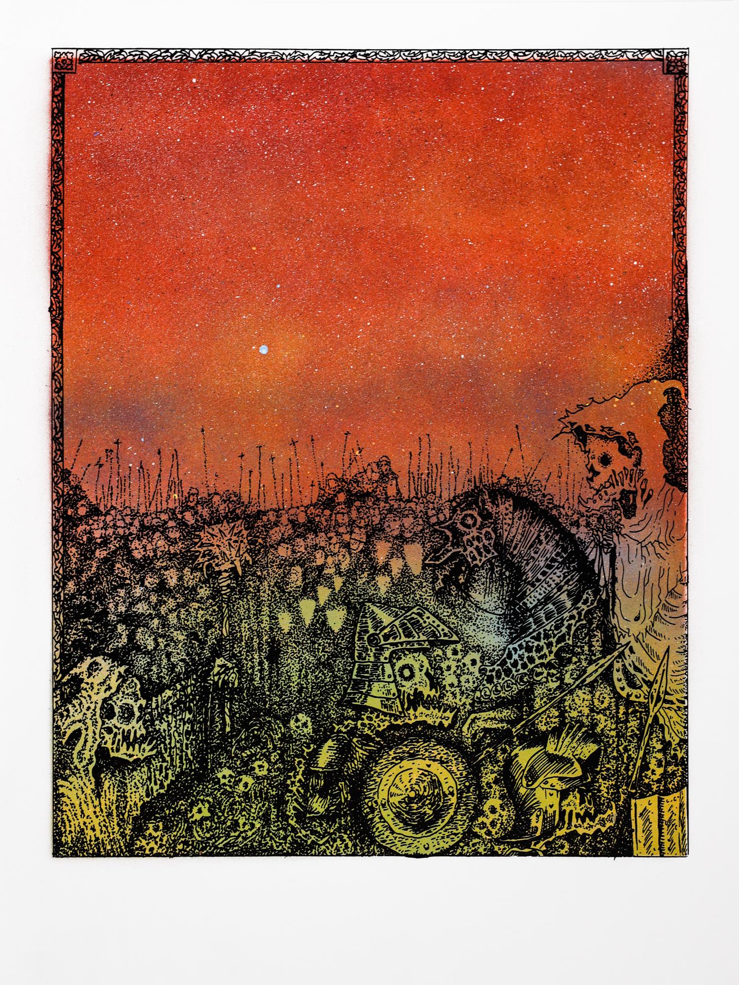 „Jake Yeager Untitled 7“ Aerosol, Siebdruck, Monodruck, Schädel, Tierwelt
