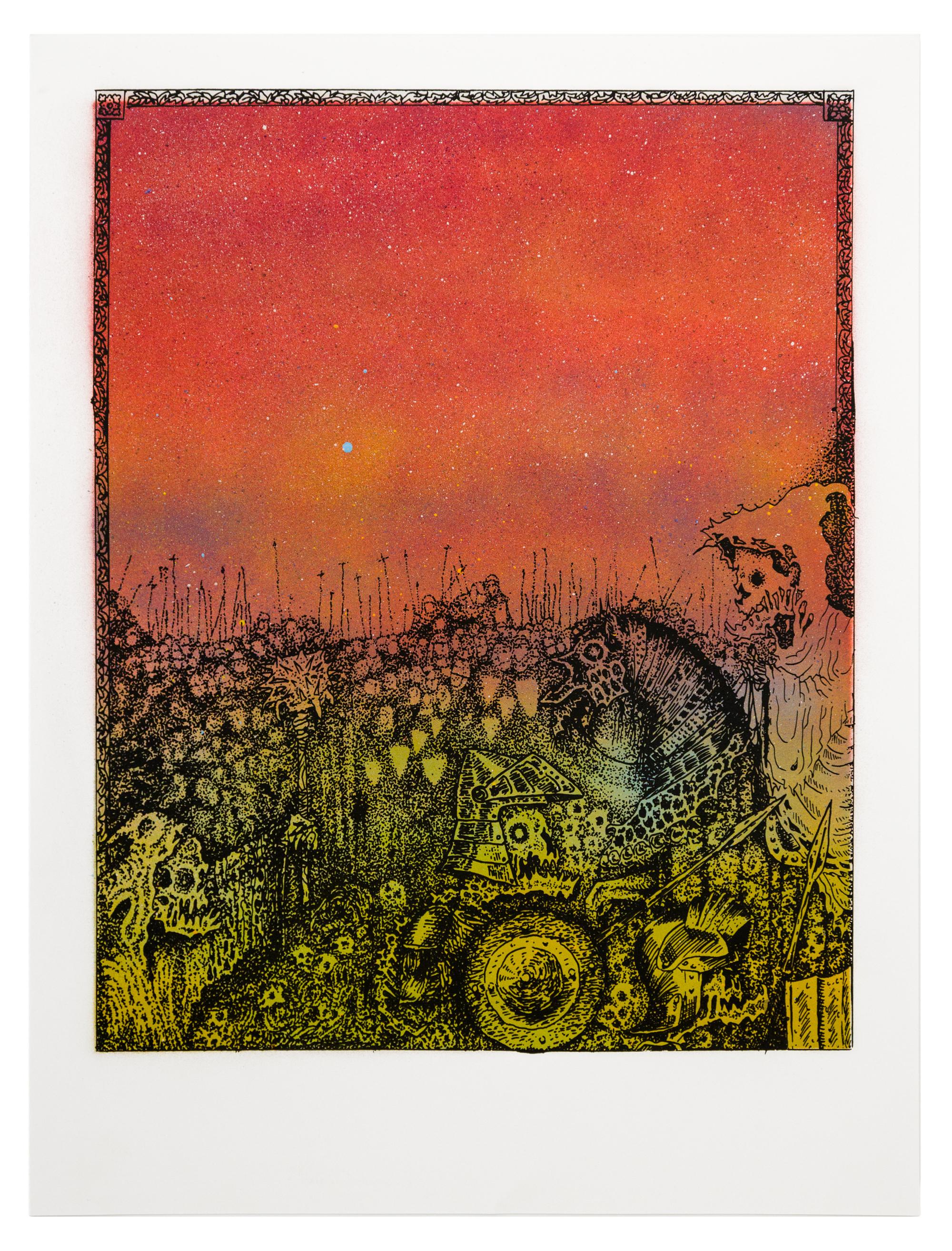 „Jake Yeager Untitled 7“ Aerosol, Siebdruck, Monodruck, Schädel, Tierwelt