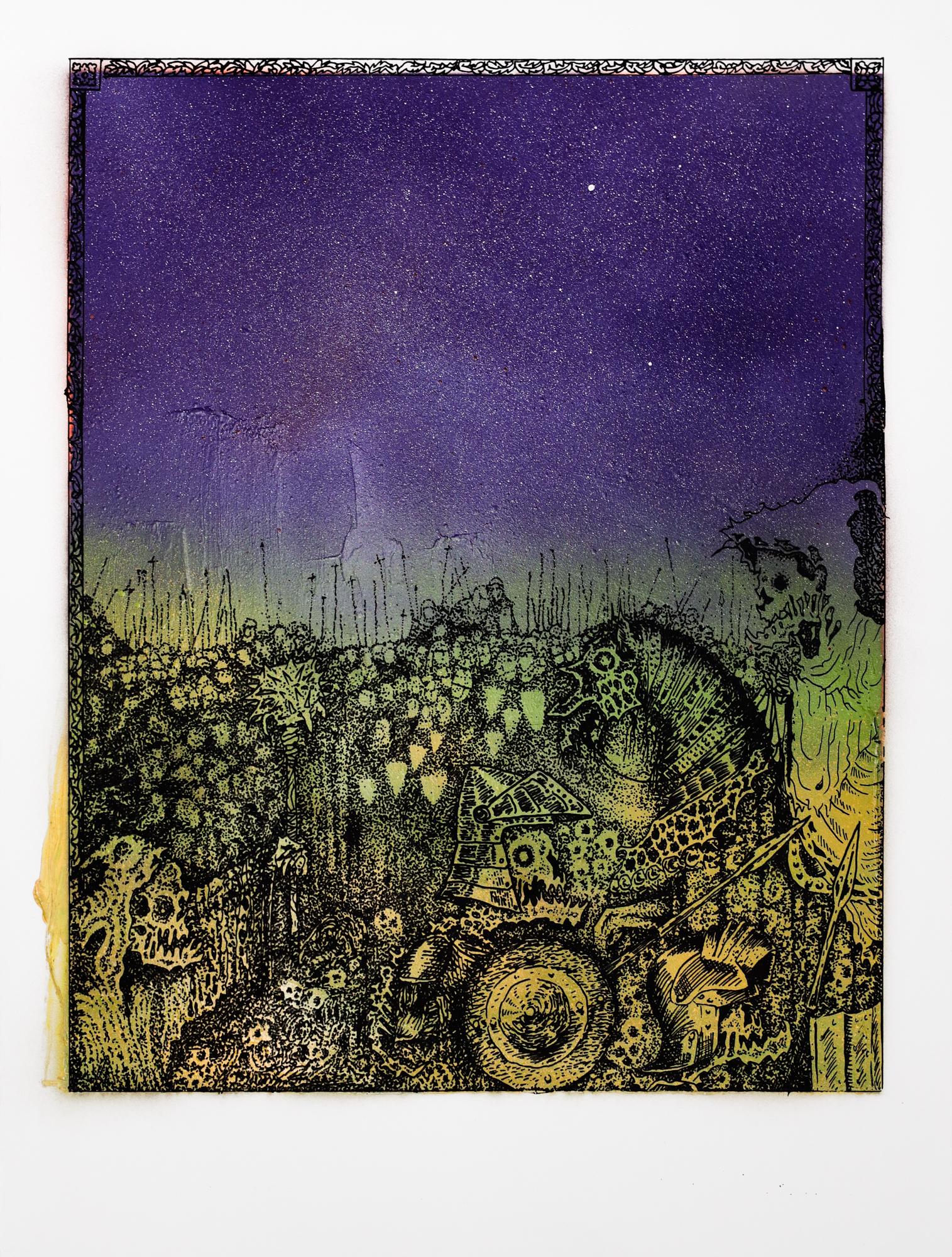 "Jake Yeager Untitled 8" aerosol, screen printed monoprint, skull, animalia