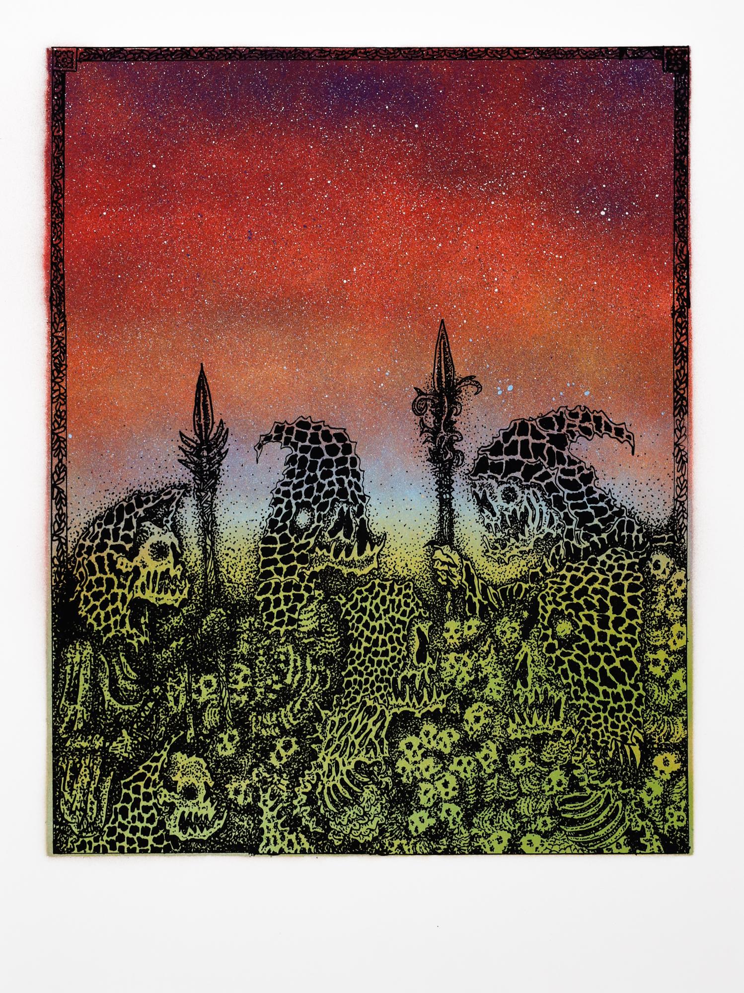 "Jake Yeager Untitled 9" aerosol, screen printed monoprint, skull, animalia 