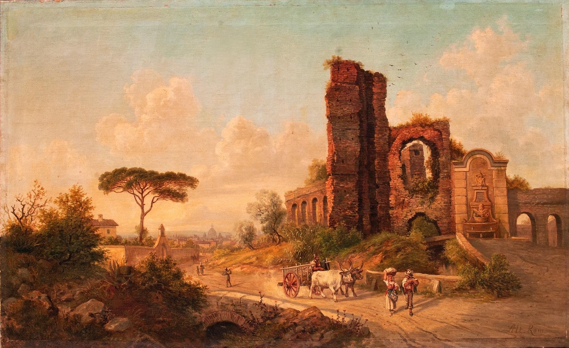 Painting of the Grand Tour on canvas by Jacob Alt, depicting the Porta Furba with Pope Clement XII's fountain on the Via Tuscolana in Rome. Bearing the signature at the bottom right: Alt Rom. 

Pope clement had it built in 1733 by the architect
