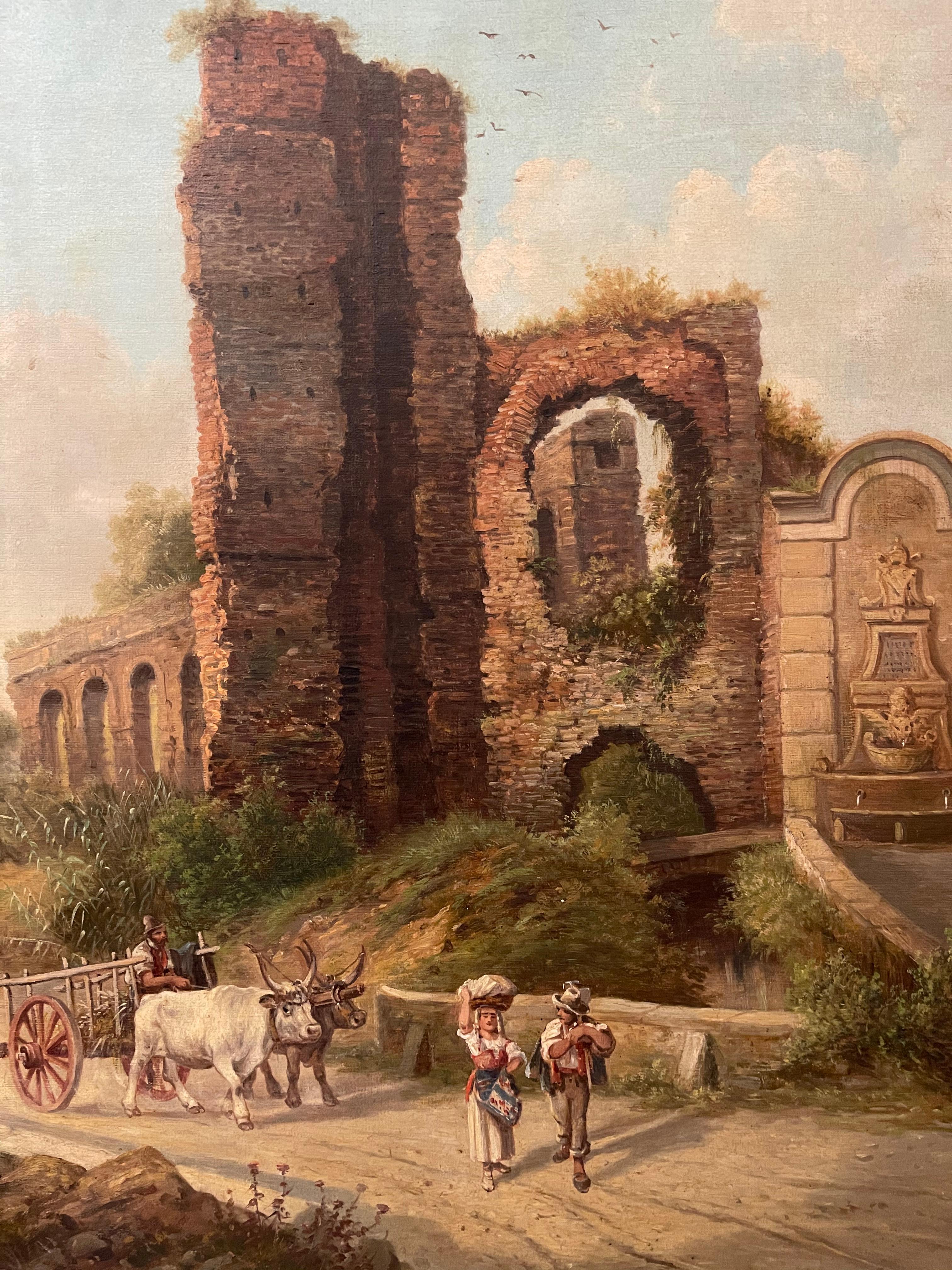 Painted Jakob Alt Roman Landscape with Ruins and Figures