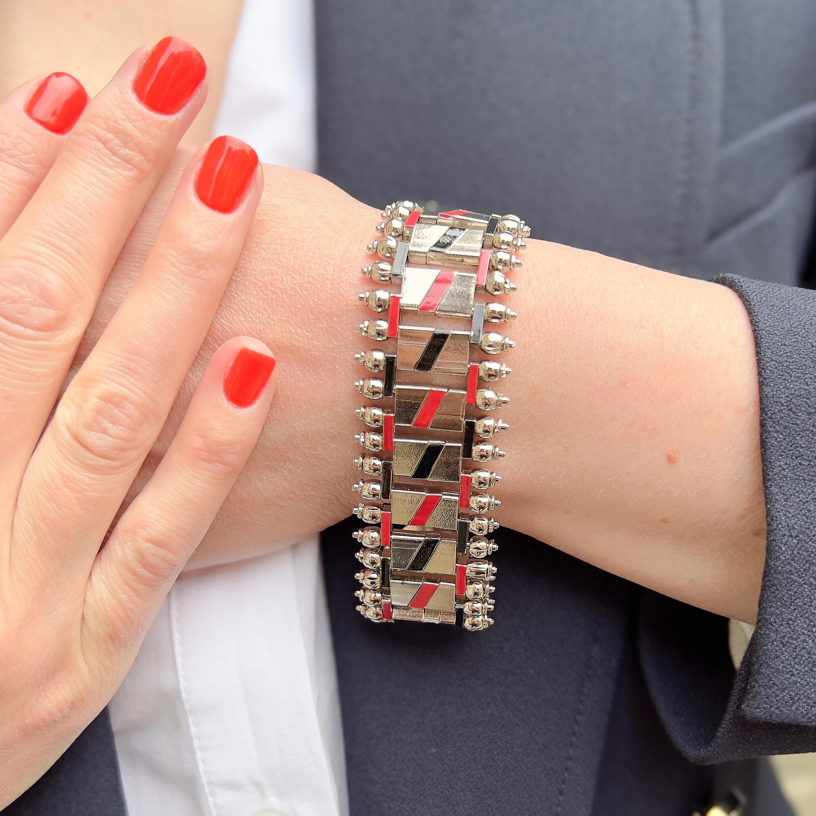 Art Deco Jakob Bengel 1930s Chrome and Enamel Vintage Bracelet For Sale