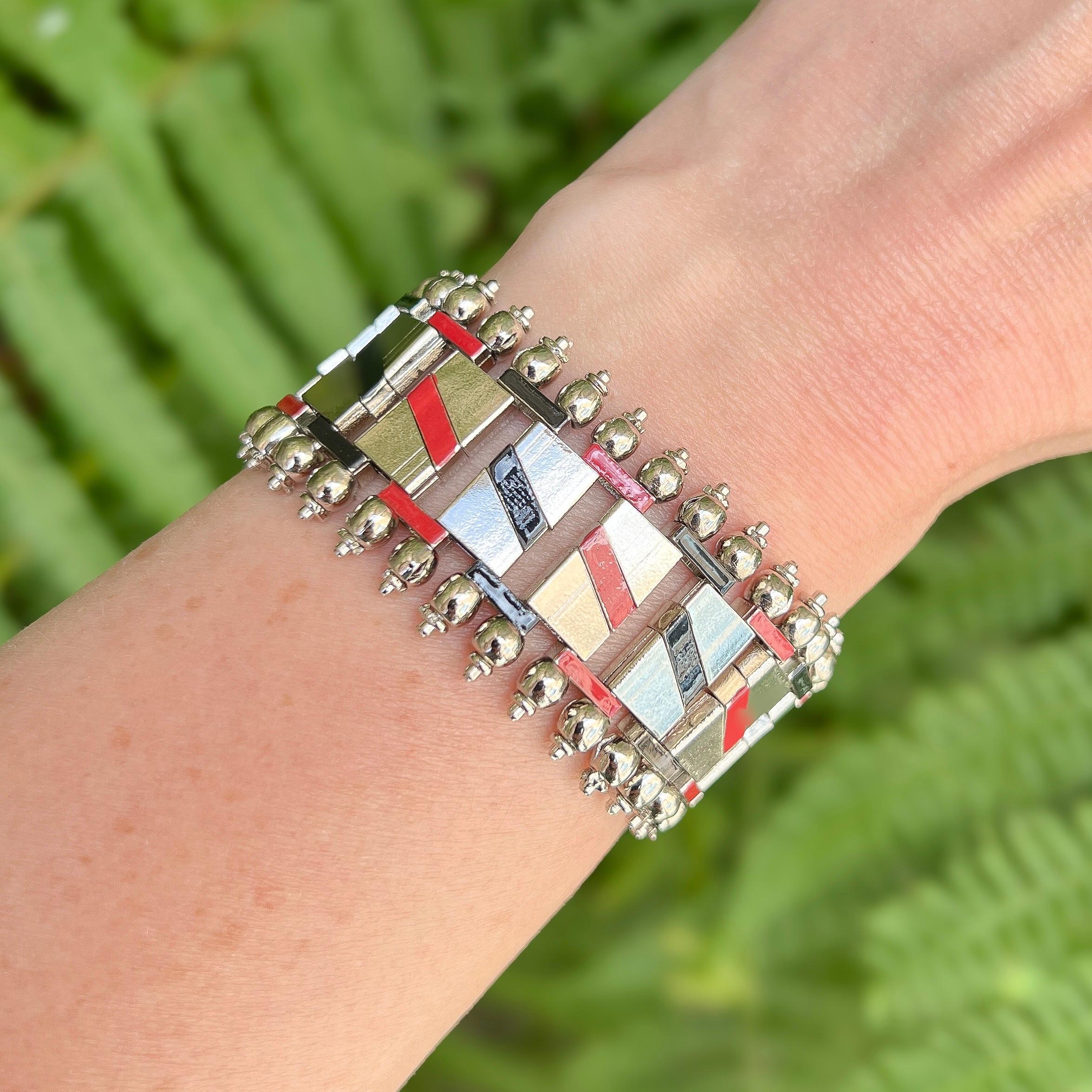 Jakob Bengel 1930s Chrome and Enamel Vintage Bracelet In Good Condition For Sale In Skelmersdale, GB