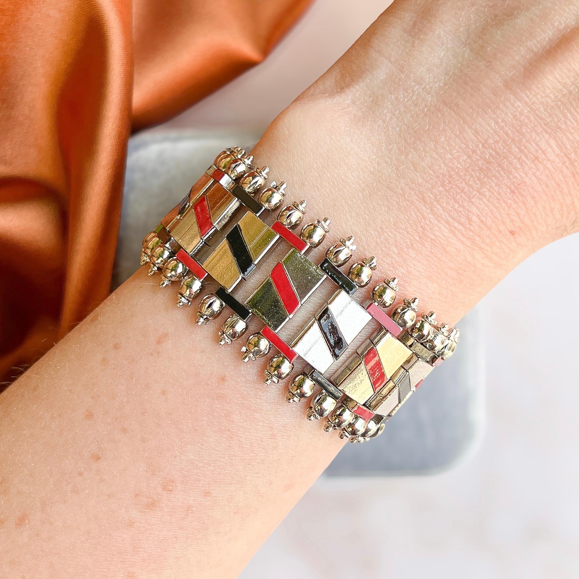 Women's Jakob Bengel 1930s Chrome and Enamel Vintage Bracelet For Sale