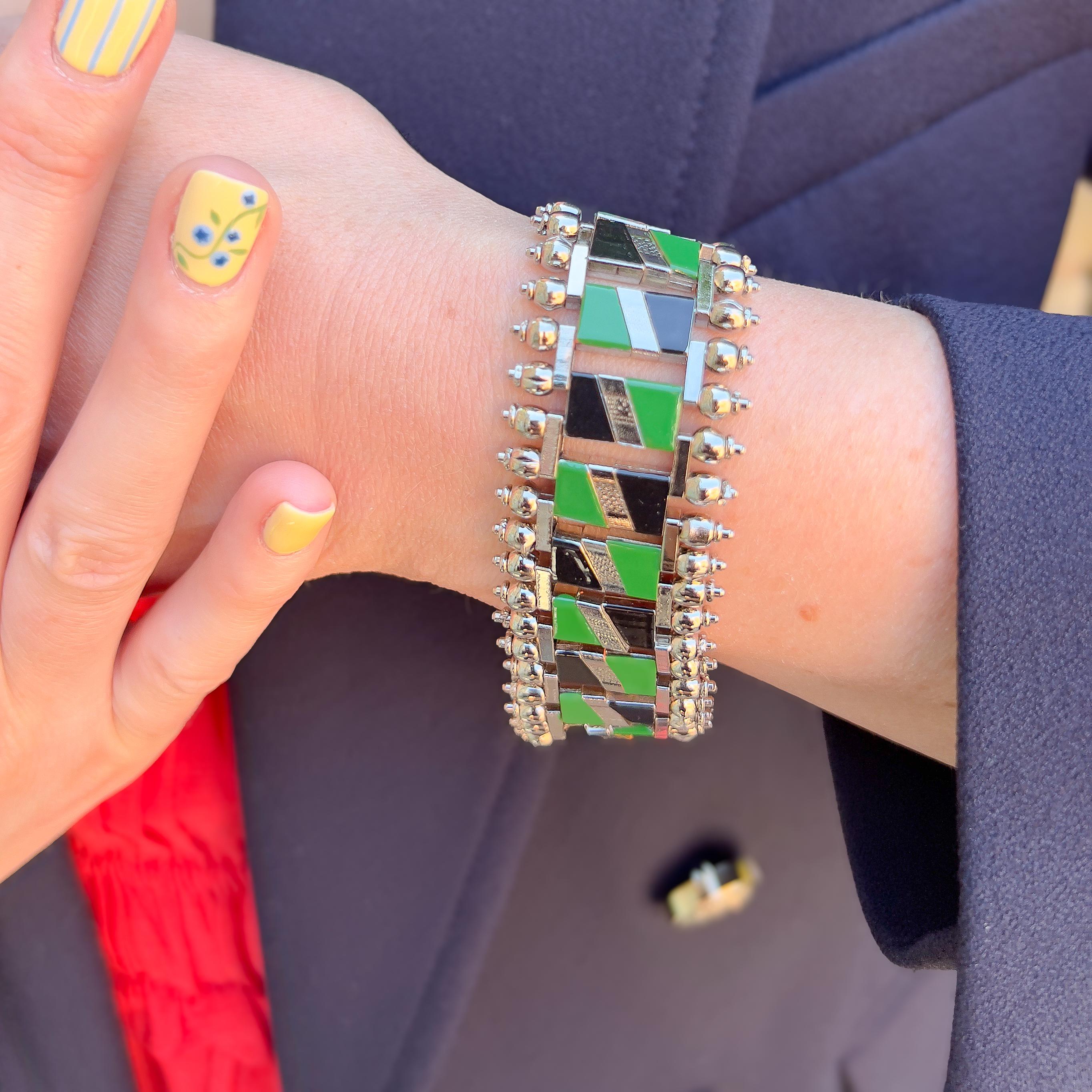 Jakob Bengel 1930s Chrome and Green and Black Enamel Vintage Bracelet In Good Condition For Sale In Skelmersdale, GB