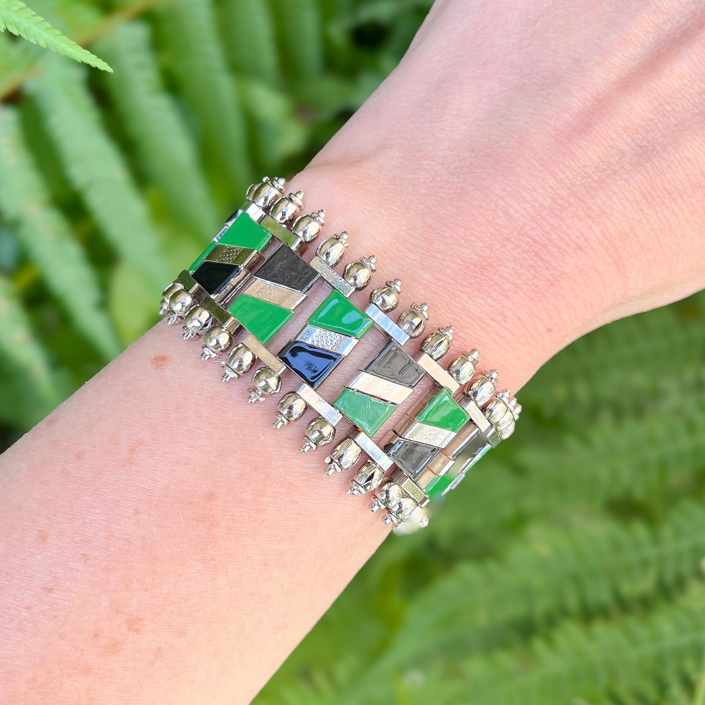 Women's Jakob Bengel 1930s Chrome and Green and Black Enamel Vintage Bracelet For Sale