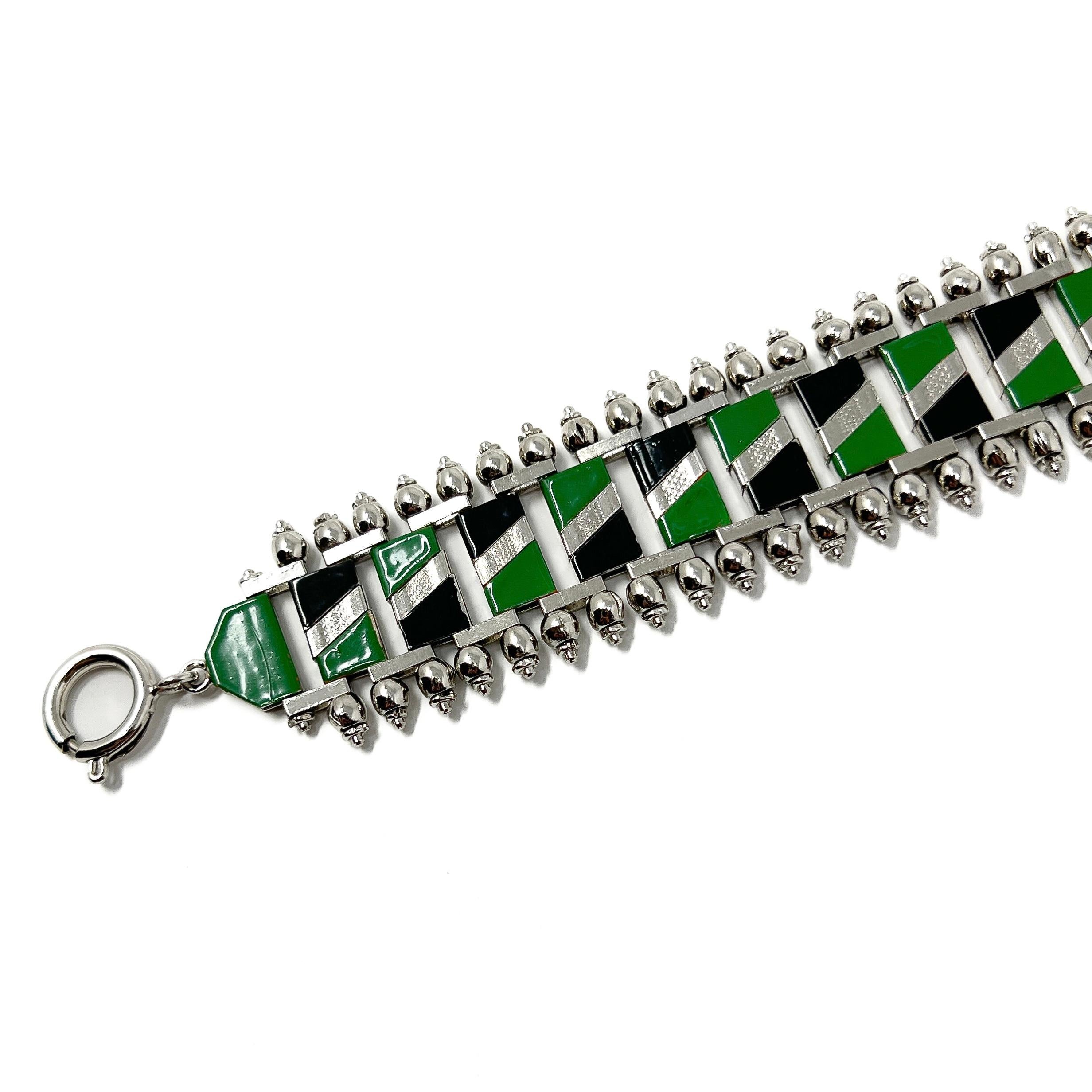 Jakob Bengel 1930s Chrome and Green and Black Enamel Vintage Bracelet For Sale 1