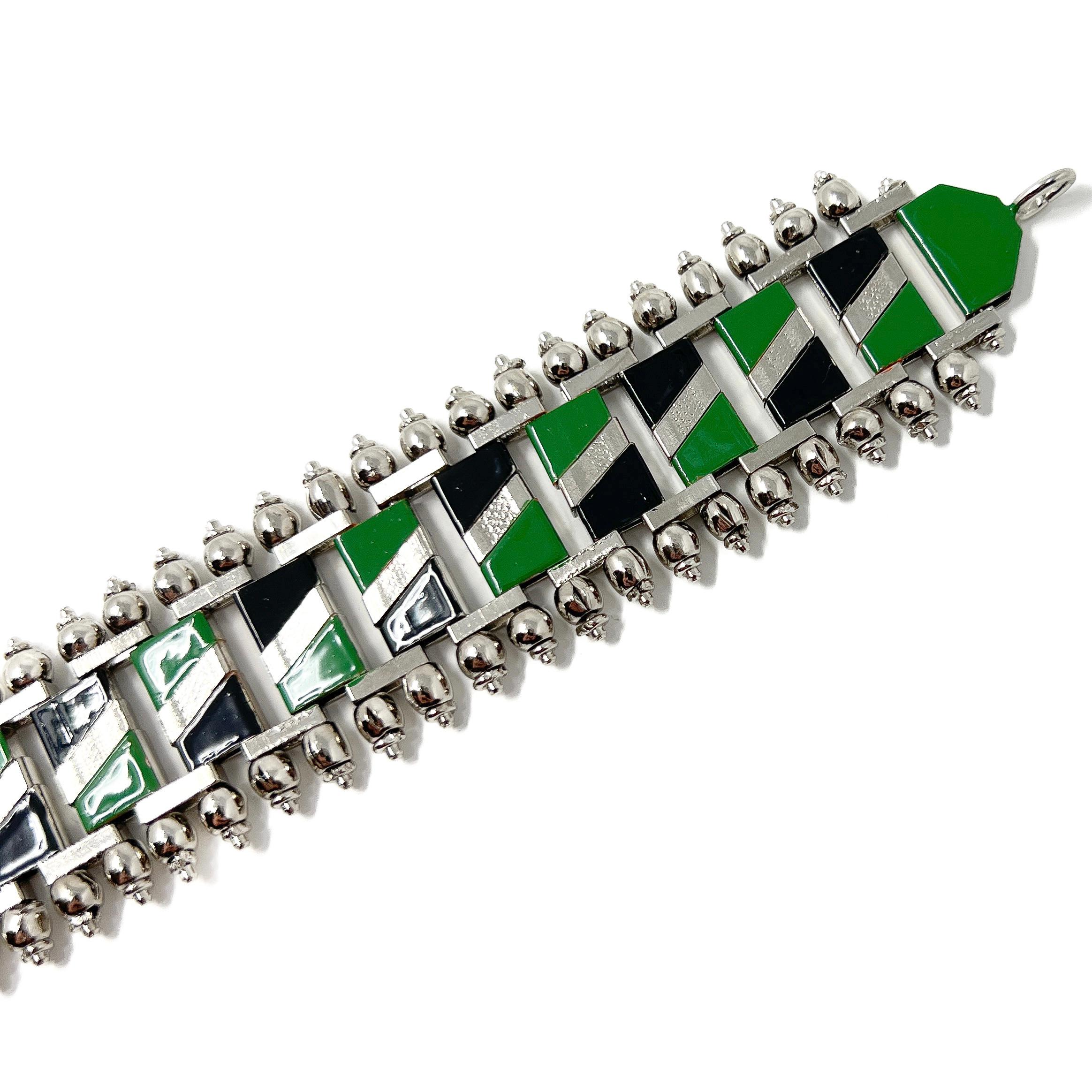 Jakob Bengel 1930s Chrome and Green and Black Enamel Vintage Bracelet For Sale 2