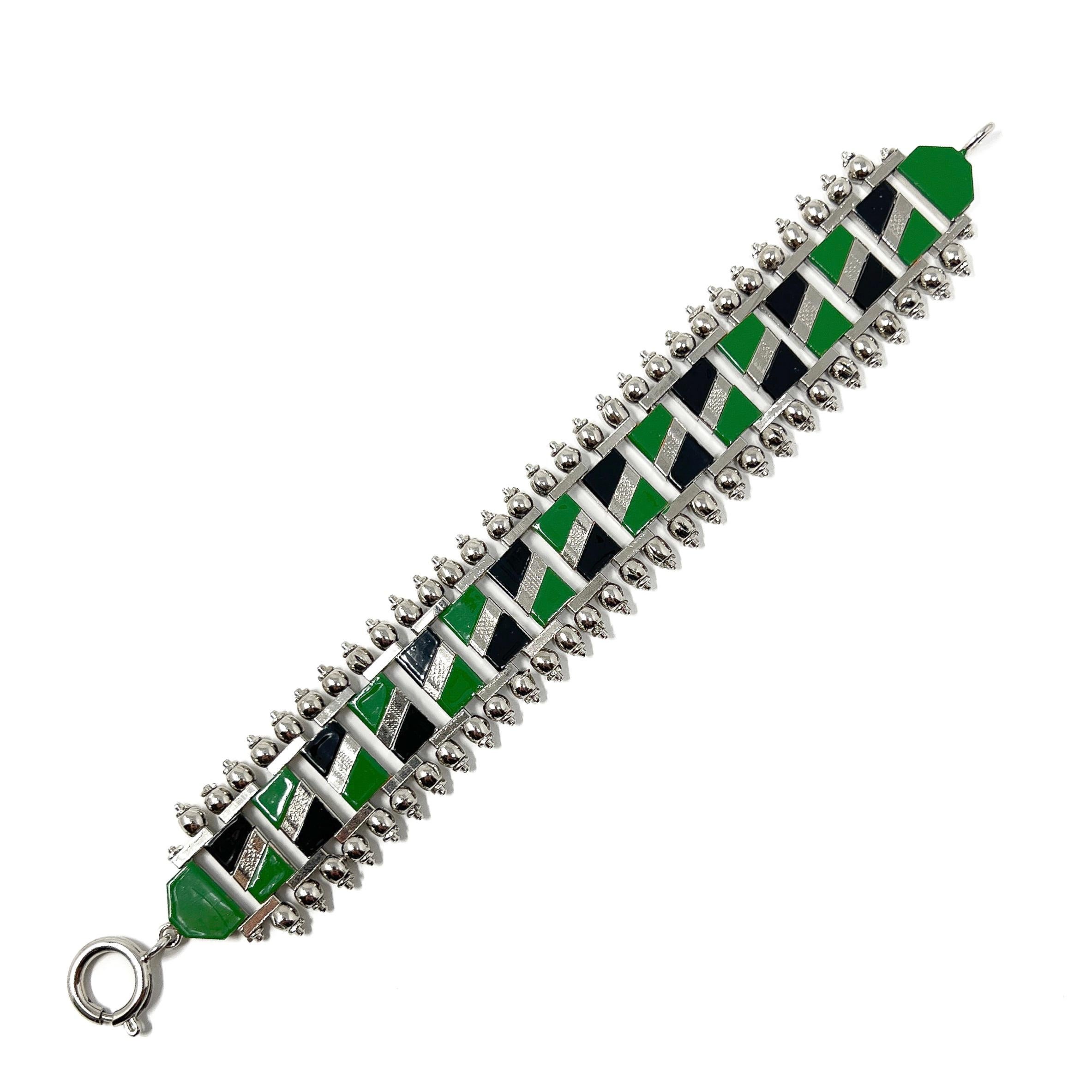 Jakob Bengel 1930s Chrome and Green and Black Enamel Vintage Bracelet For Sale