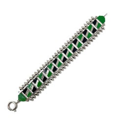 Jakob Bengel 1930s Chrome and Green and Black Enamel Vintage Bracelet