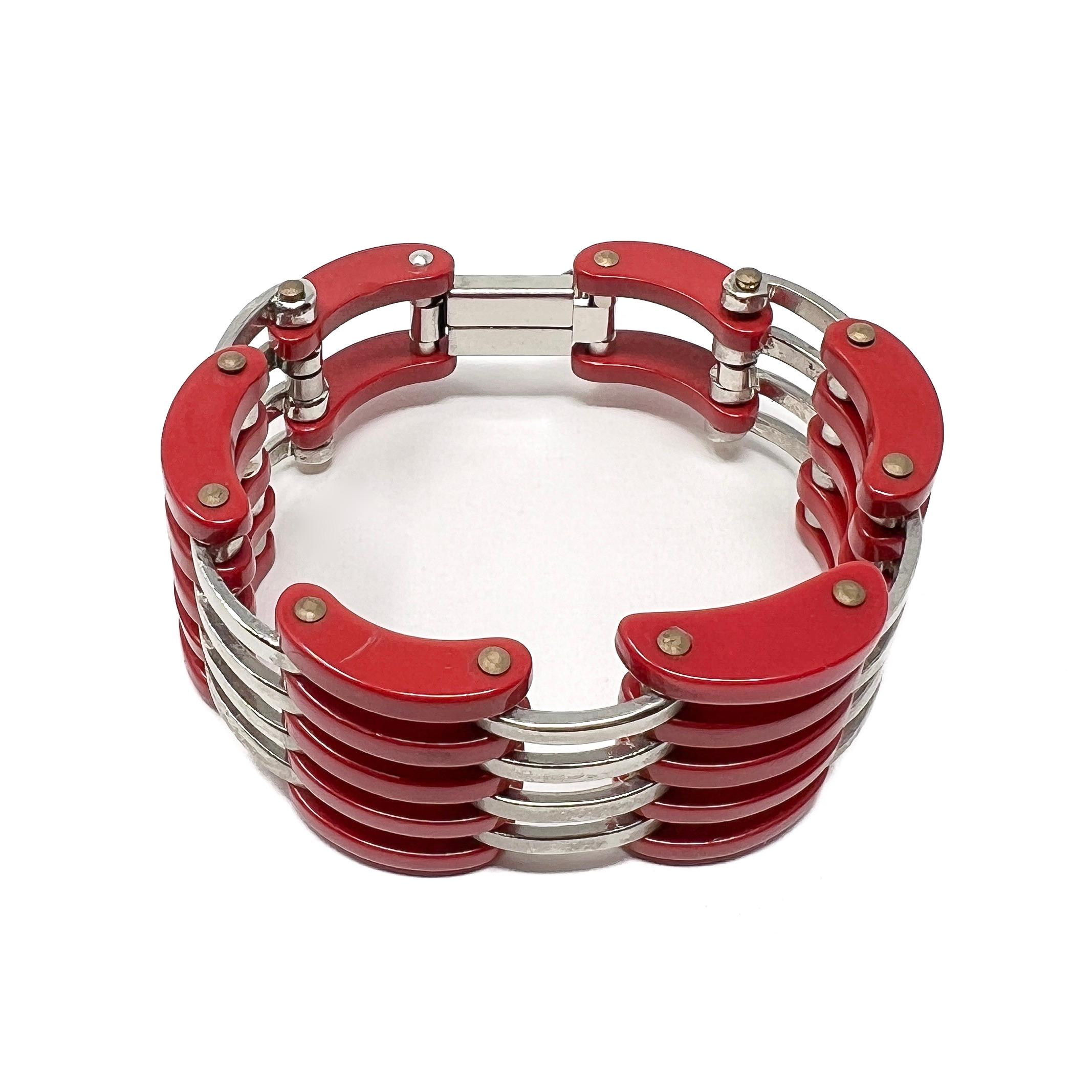 Art déco Jakob Bengel Bracelet vintage des années 1930 chromé et Galalith rouge en vente