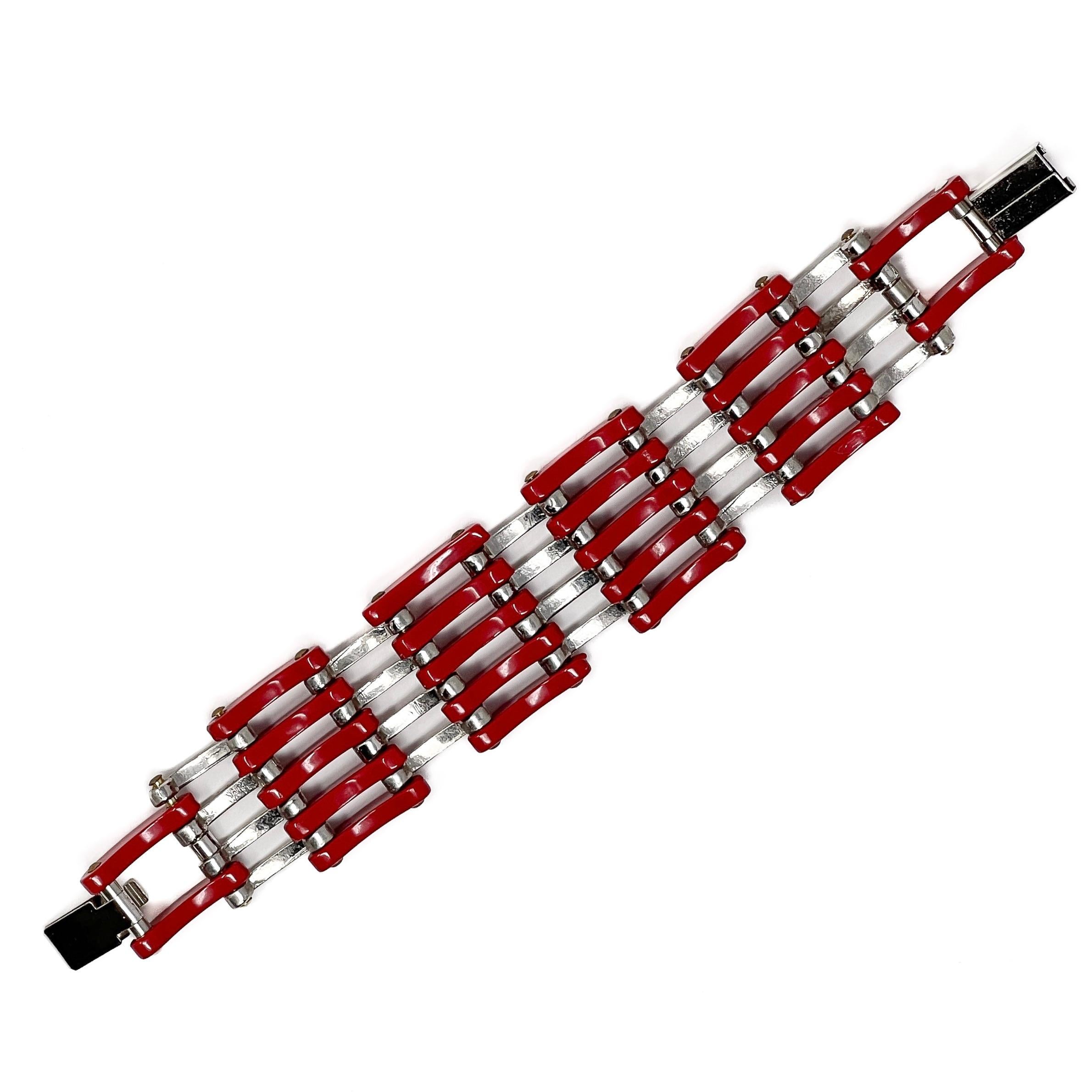 Jakob Bengel Bracelet vintage des années 1930 chromé et Galalith rouge en vente 4