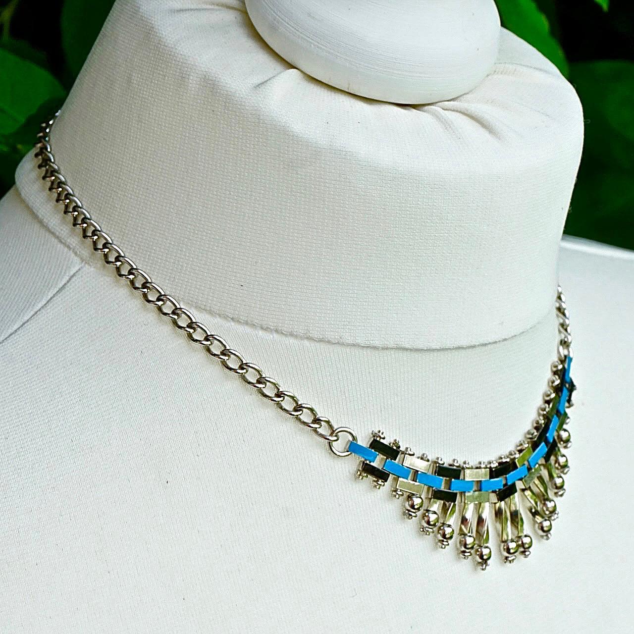 Jakob Bengel Art Deco Chrome Plated Blue and Black Enamel Necklace circa 1930s In Good Condition For Sale In London, GB