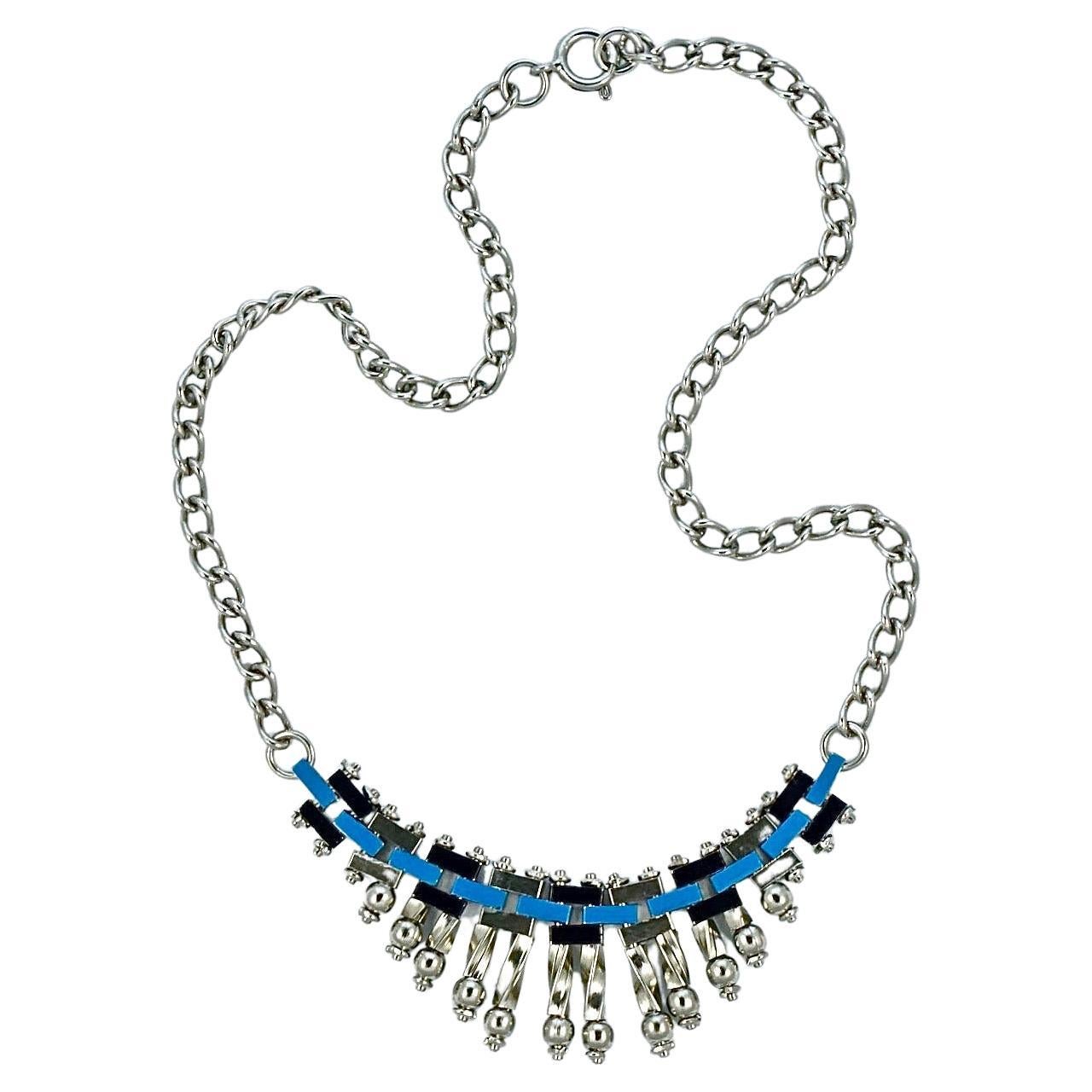 Jakob Bengel Art Deco Chrome Plated Blue and Black Enamel Necklace circa 1930s For Sale