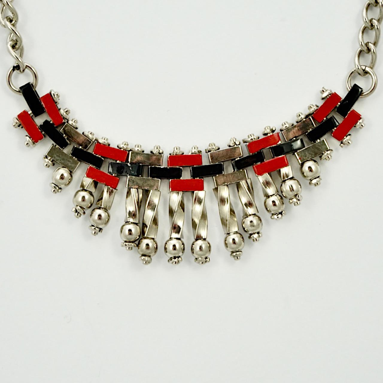 Wonderful Jakob Bengel Art Deco chrome plated necklace, featuring red and black enamel painted brickwork links, and a twist and ball design. Measuring length 40.6 cm / 16 inches and the centrepiece is width 8.4 cm / 3.3 inches by drop 2.4 cm / .94