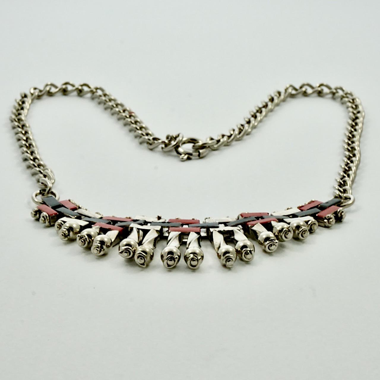 Jakob Bengel Art Deco Chrome Plated Red and Black Enamel Necklace circa 1930s In Good Condition For Sale In London, GB