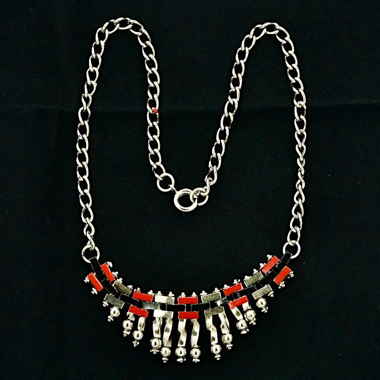Jakob Bengel Art Deco Chrome Plated Red and Black Enamel Necklace circa 1930s For Sale 2