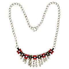 Vintage Jakob Bengel Art Deco Chrome Plated Red and Black Enamel Necklace circa 1930s