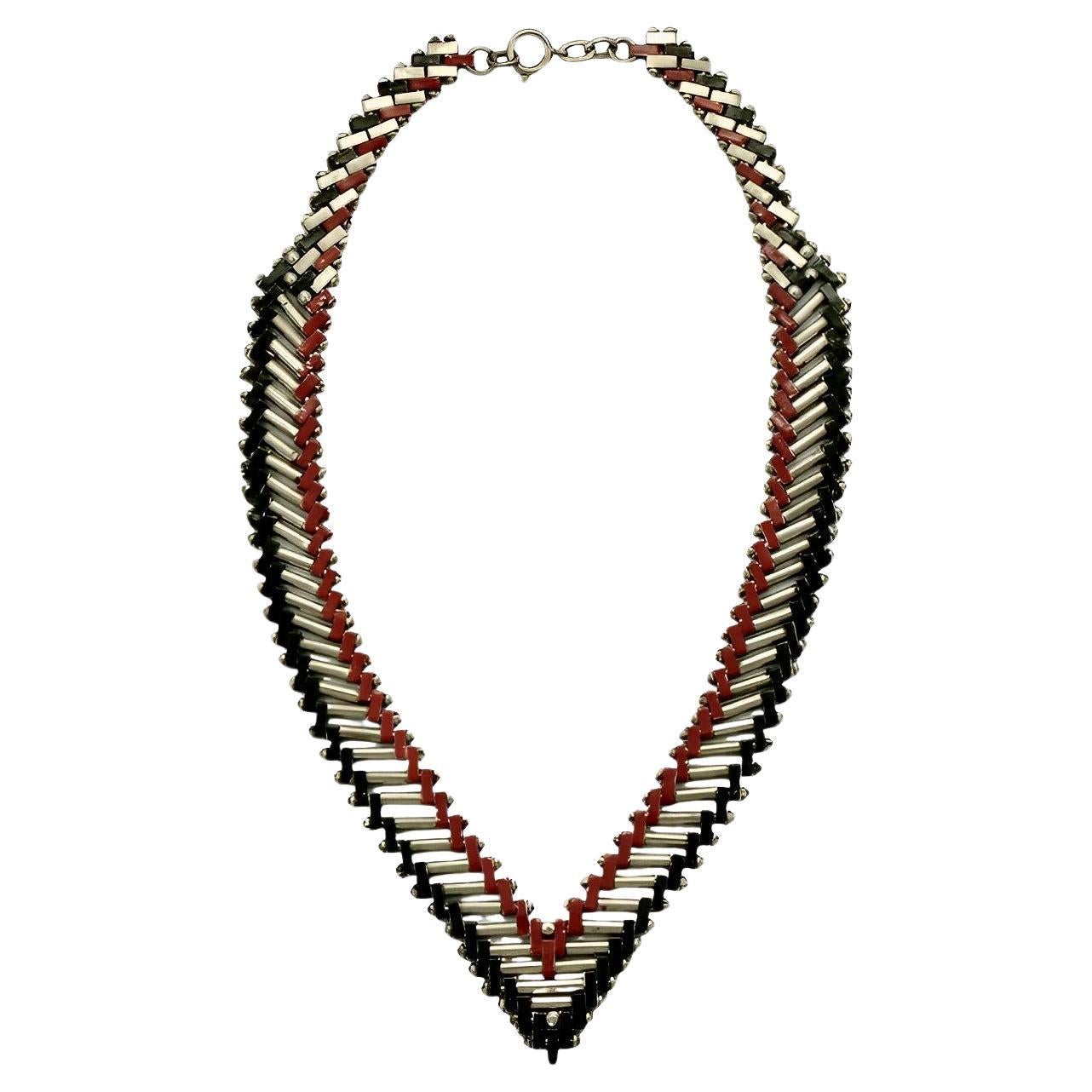 Jakob Bengel Art Deco Chrome Red and Black Enamel Necklace circa 1930s For Sale