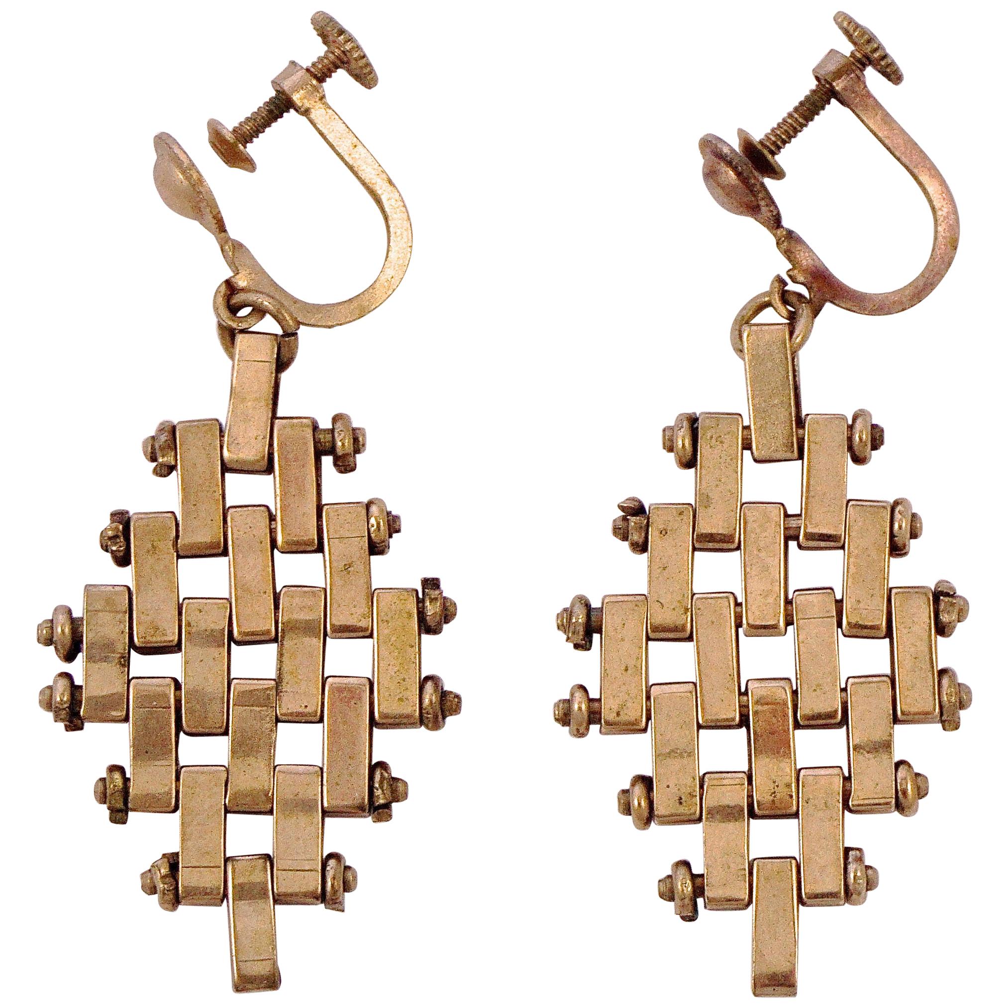 Jakob Bengel Art Deco Pale Copper Tone Brickwork Screw Back Drop Earrings 1930s For Sale