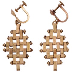 Jakob Bengel Art Deco Pale Copper Tone Brickwork Screw Back Drop Earrings 1930s