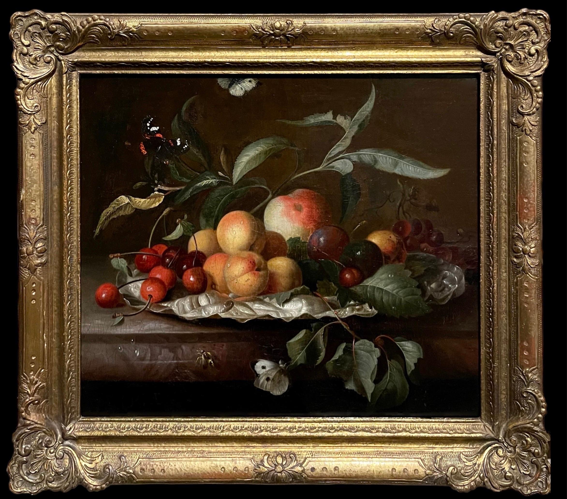 Jakob Bogdani Still-Life Painting - 17th century Still-life Fruit on a plate with peaches, cherries and butterflies
