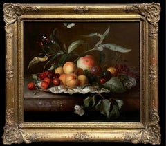 17th century Still-life Fruit on a plate with peaches, cherries and butterflies