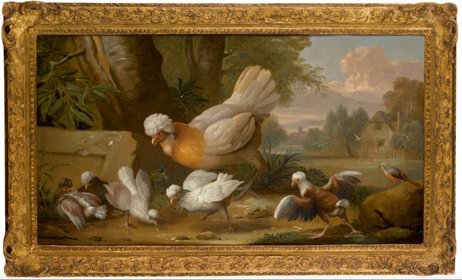 Jakob Bogdani Animal Painting - A concert of birds - A Hen, Chicks and a Chaffinch, with a landscape beyond