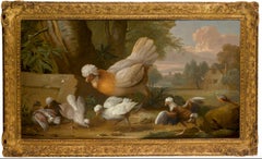 A concert of birds - A Hen, Chicks and a Chaffinch, with a landscape beyond