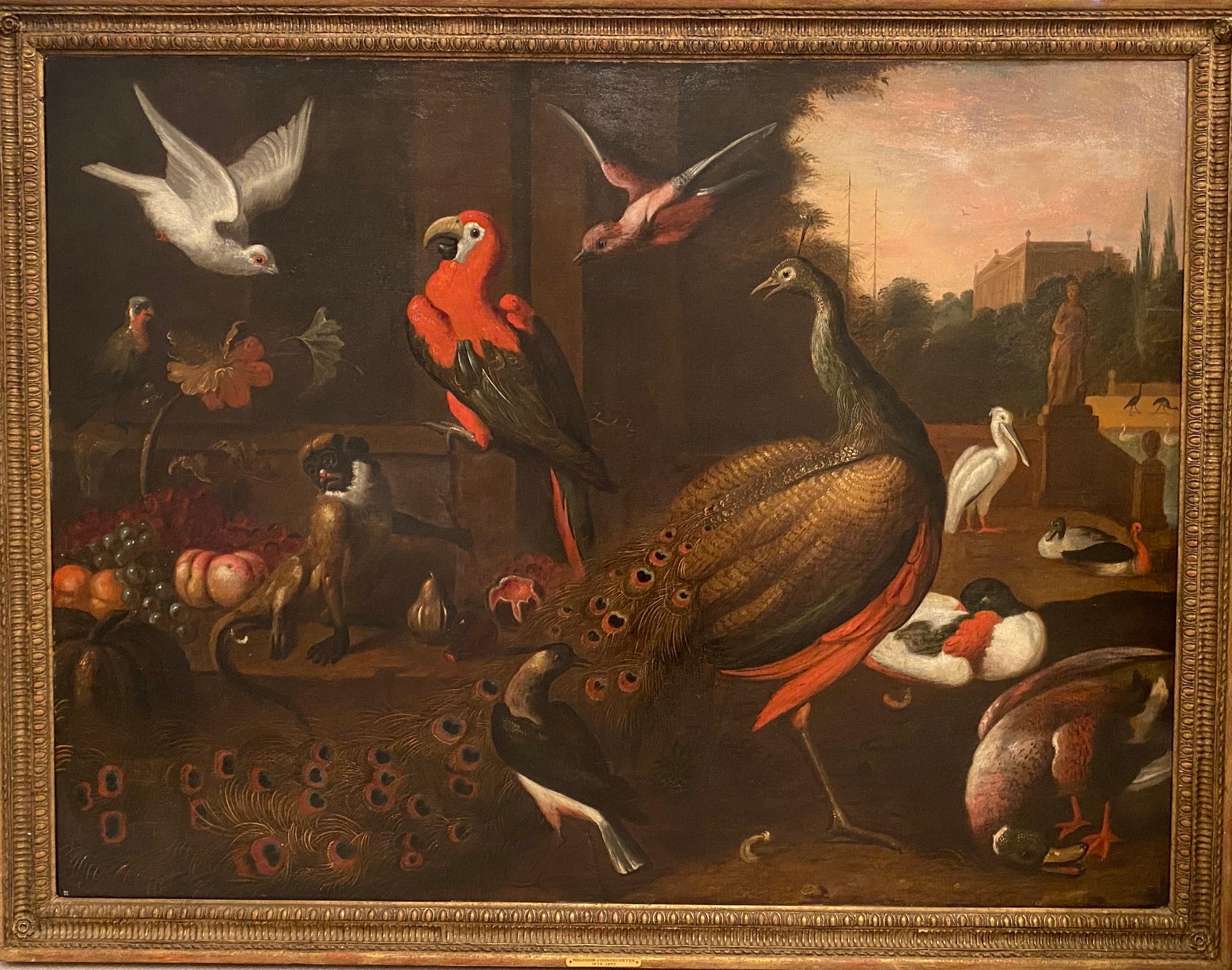 A monkey, peacock, parrot and other exotic birds in a park landscape - Painting by Jakob Bogdani